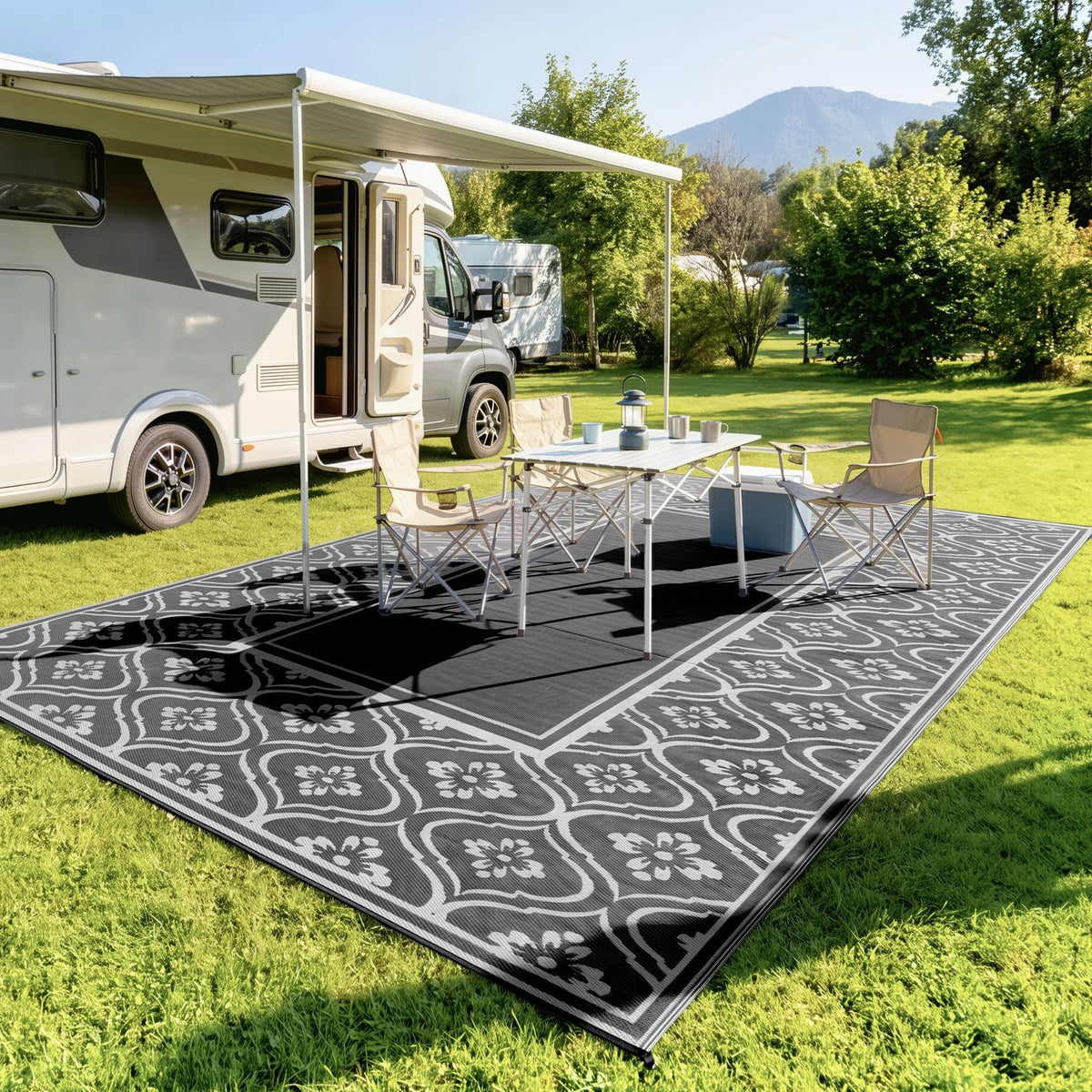 9' x 18' Outdoor Area Rug Black Gray Gourd Border Floor Mat Large Decorative Carpet for Patio Backyard Garden Poolside