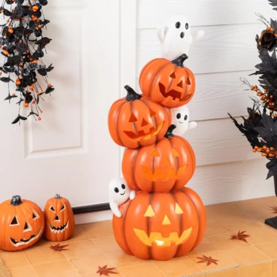 Halloween porch decor: lighted stacked jack-o-lantern statue, MGO material, orange and white, timer function for indoor/outdoor