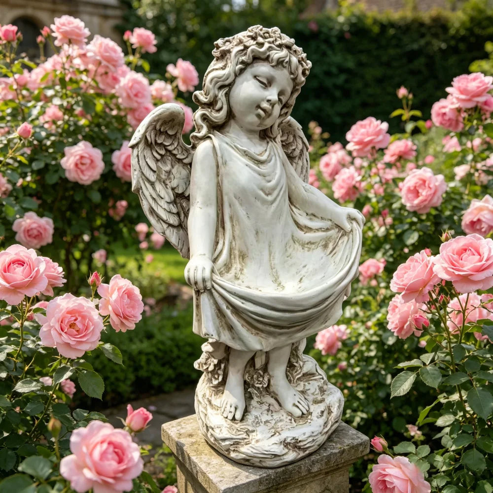 21.06" Tall Weathered Angel Cherub Garden Statue, Resin Dress Sculpture Figurine, Decorative Outdoor Yard Lawn Patio Backyard Landscape Ornament Decoration