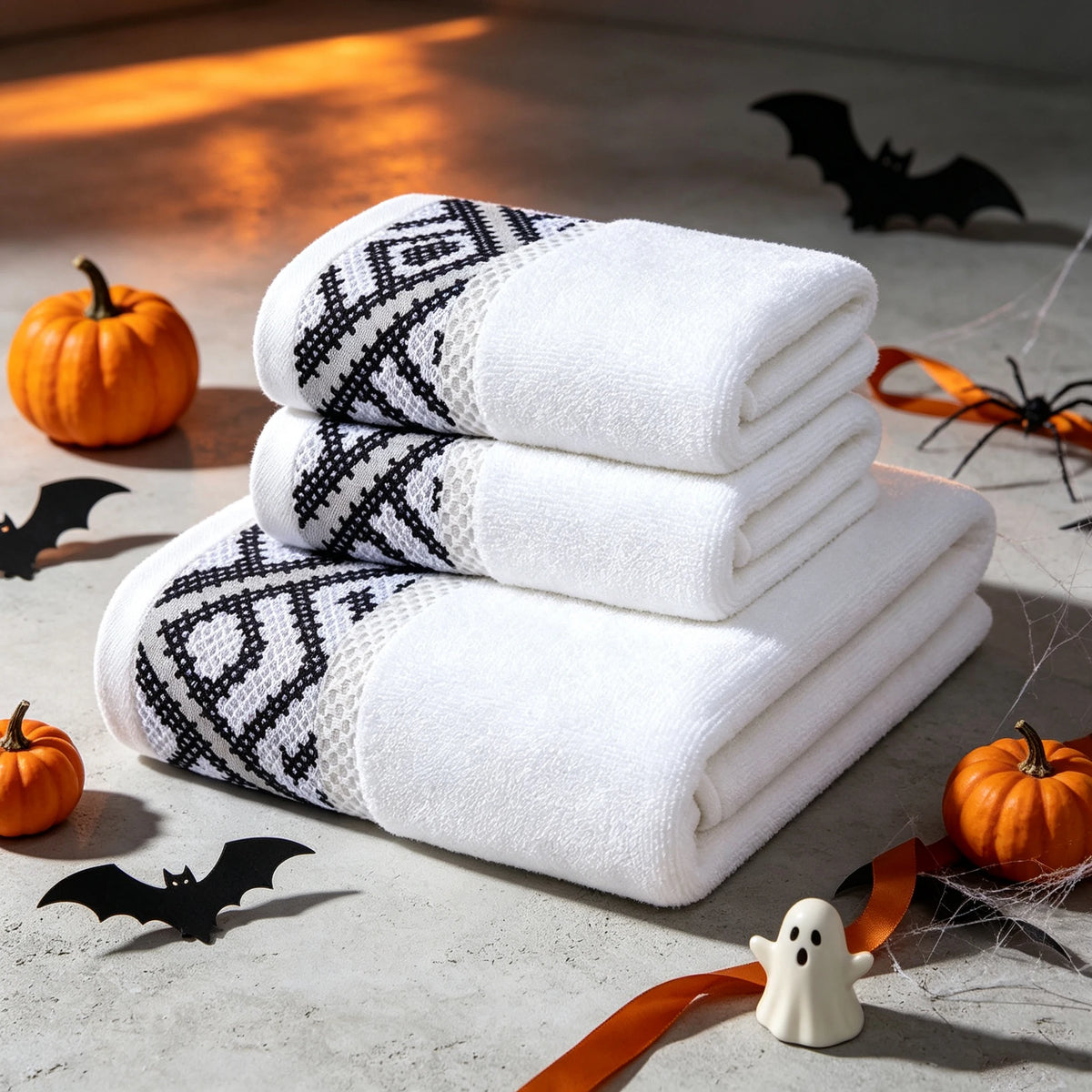 Halloween Themed Geometric Jacquard Towel Set, 100% Cotton Soft Highly Absorbent Bathroom Towels, Bath Towel & Hand Towel 3 Pack