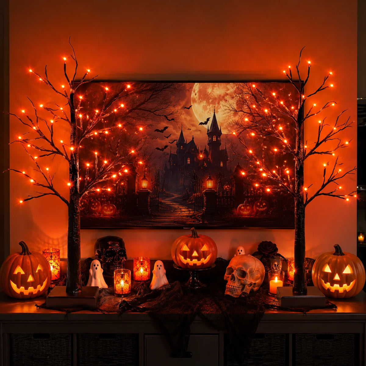 Halloween Tree Lights, 2 Pack LED Orange Purple Halloween Decor 2 Pack Halloween Tree Lights with 48 LEDs, Orange & Purple Glow, USB and Battery Powered for Indoor Halloween Decorations