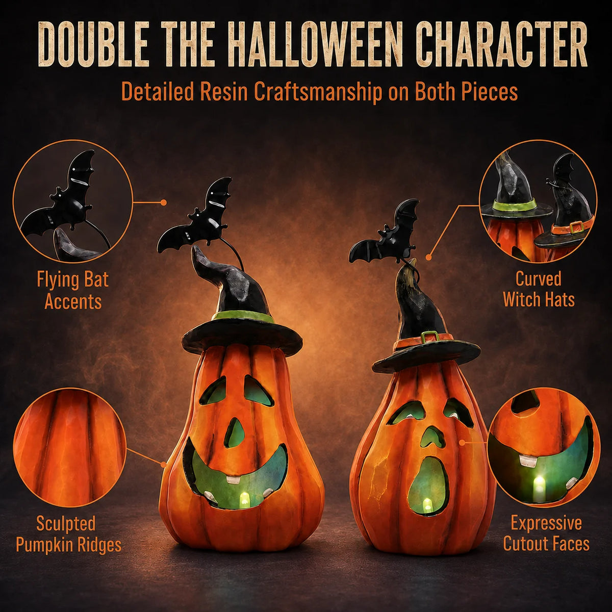 Hodao Resin Halloween Pumpkin Figurine Set, 2-Piece LED Light Up Jack-o'-Lantern Decor with Witch Hat & Black Bat Accents, Spooky Glowing Tabletop Figure Model for Shelf Mantel Display, Collectible Fall Seasonal Home Decorati