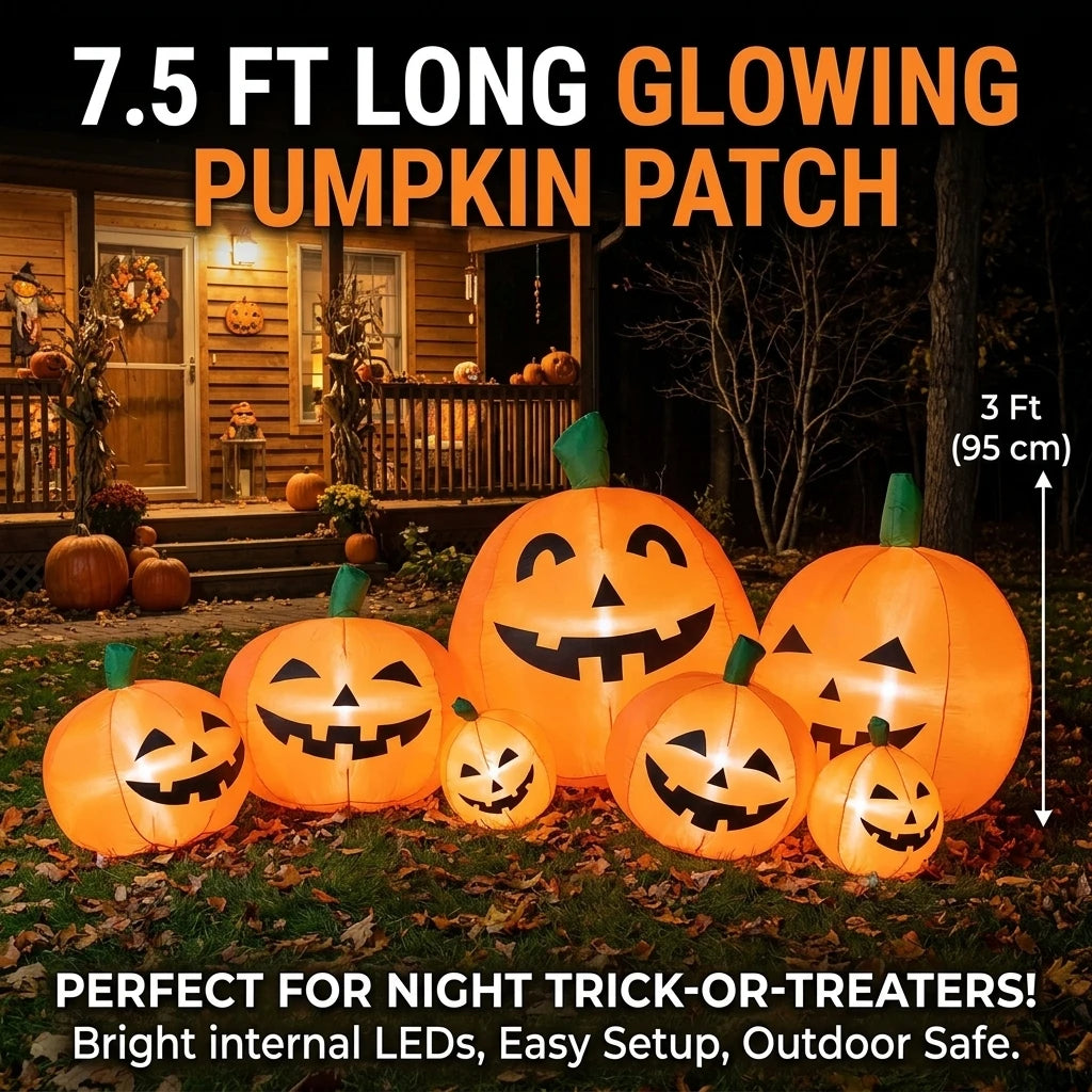 7.5FT Halloween Inflatable Pumpkin Decoration LED Blow Up Pumpkin Patch with 7 Pumpkins Bright Light Boards Outdoor Yard Decor for Garden Lawn Party Inflatable Toys for Kids Indoor Airblown USA Stock Warehouse New Arrivals Sp
