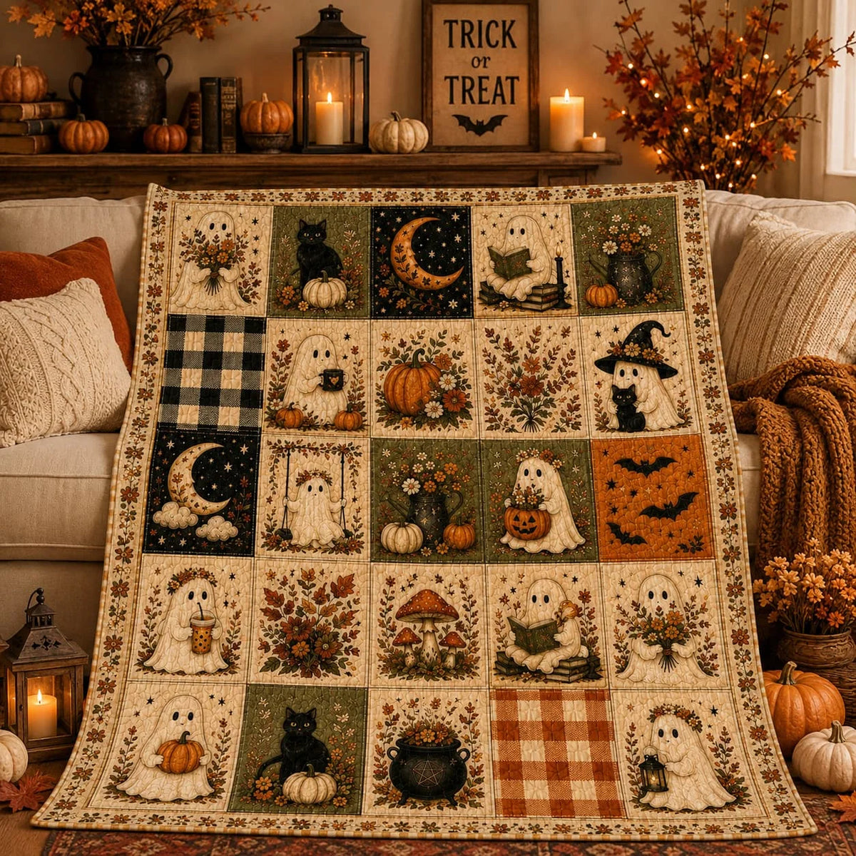 Halloween Quilt Blanket, Ghost Blanket Pumpkin Throw, Cozy Fall Blanket, Spooky Season Decor, Fall Farmhouse Bedding, Halloween Gift
