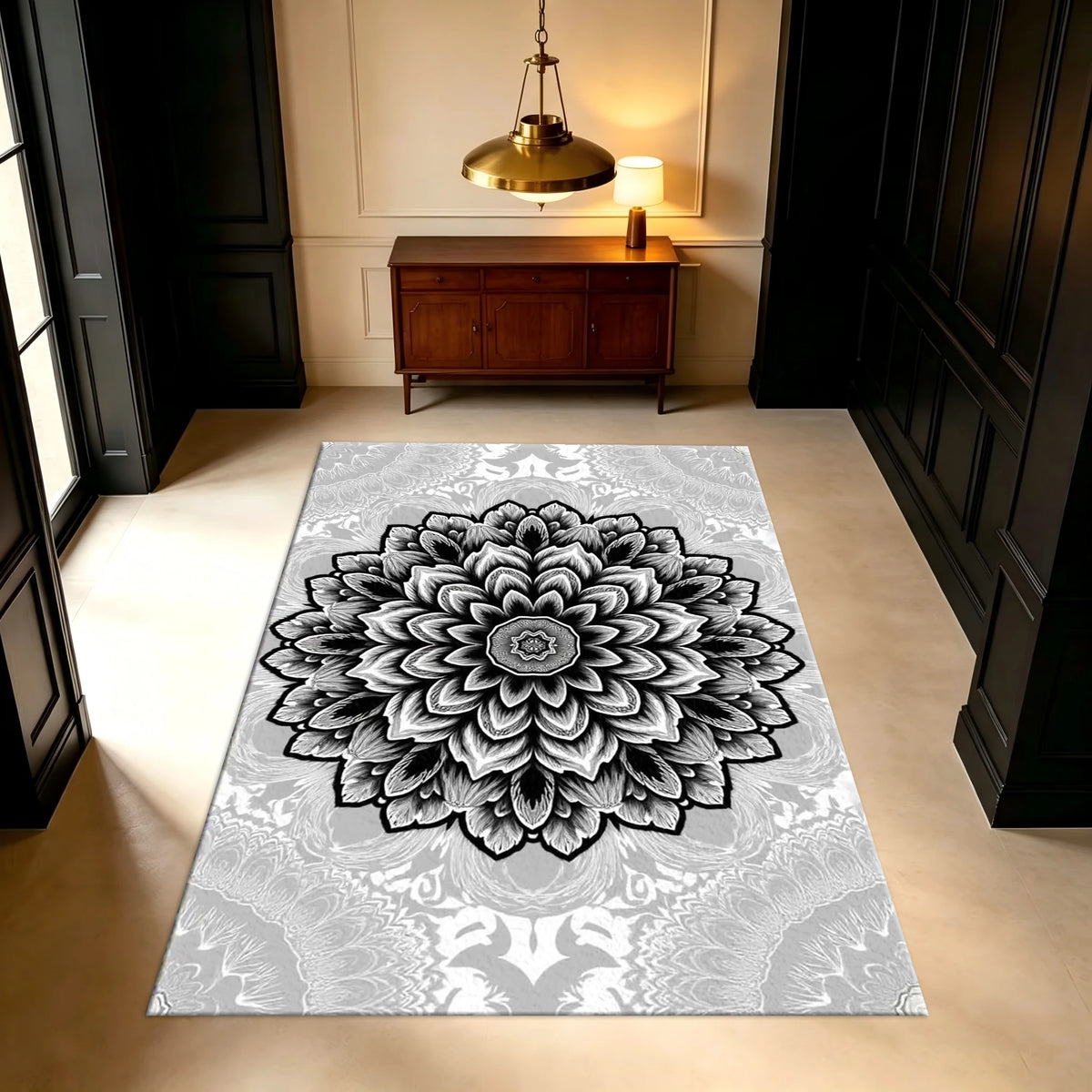 Black and White Gray Mandala Floral Pattern Carpet Floor Non-Slip Mat