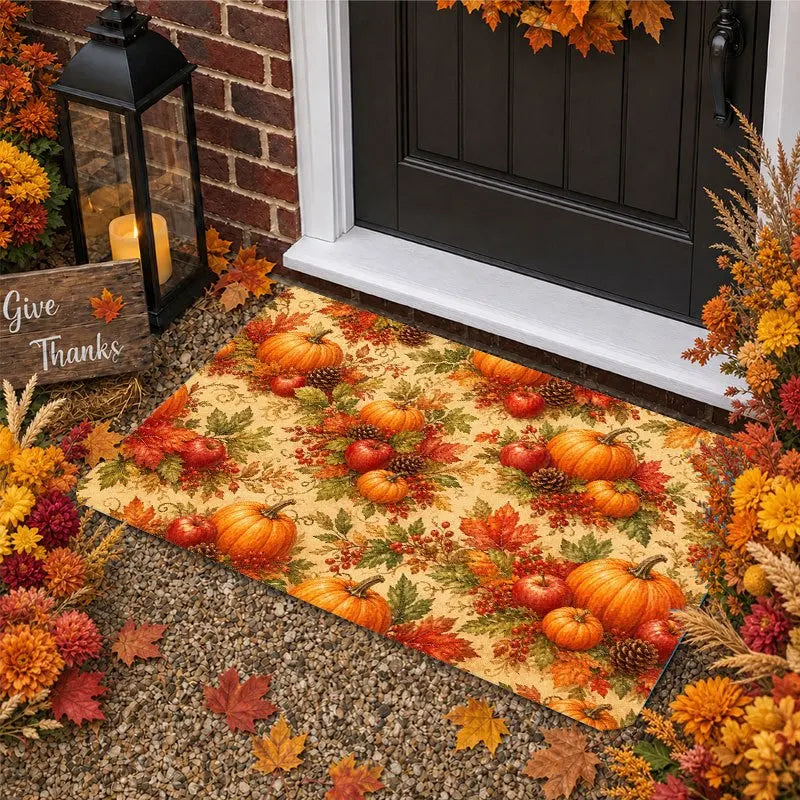 1pc Autumn Harvest Non-Slip Suitable for Thanksgiving Farmhouse Decor, Soft Flannel Indoor Entrance Mat with Pumpkin Maple Leaf Apple Pinecone Berry Print