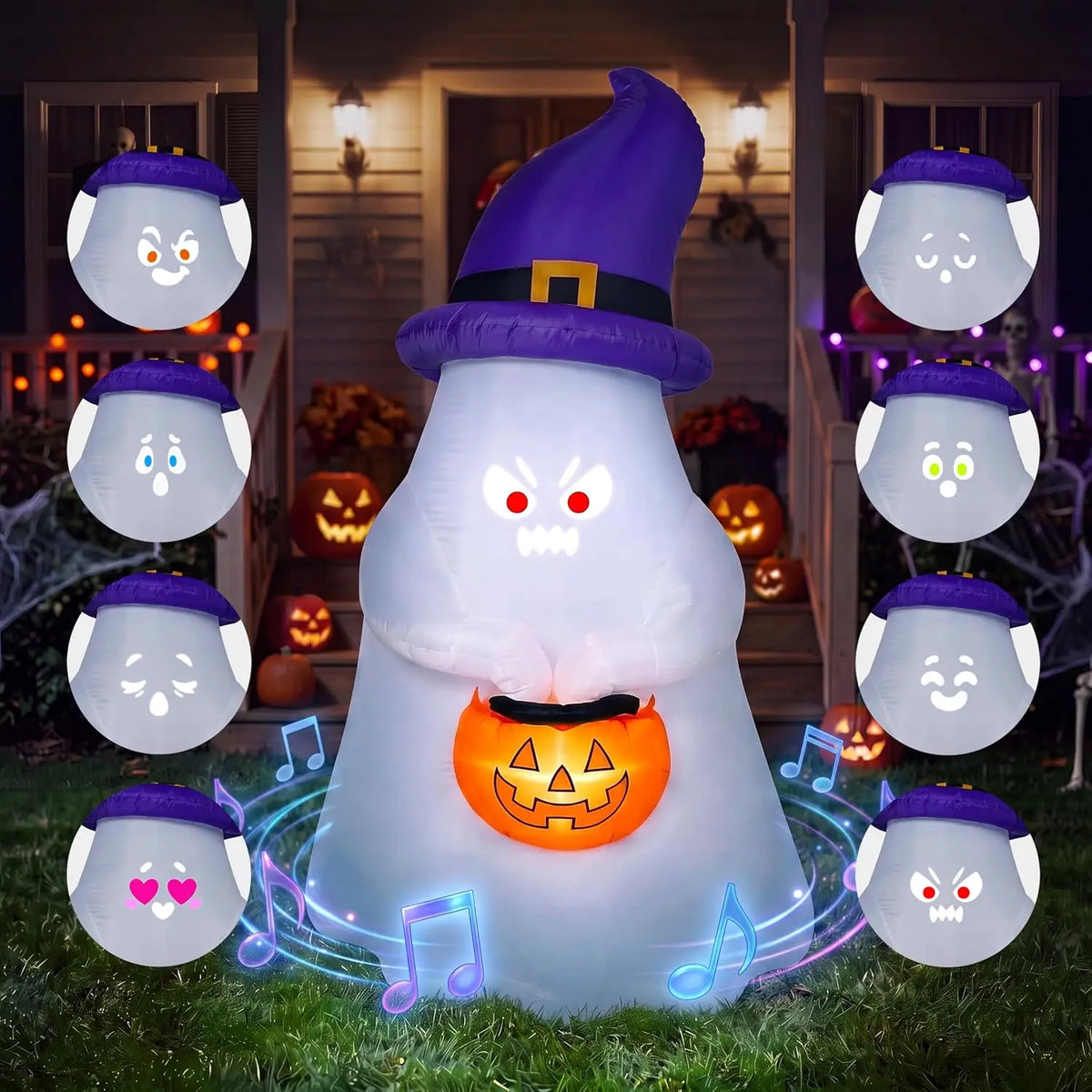 5FT Halloween Inflatable Witch Ghost Decor with Projector Face and Music Halloween Blow Up Yard Decoration with 8 Expressions Projection and Music Box for Party Outdoor Garden Lawn Decor