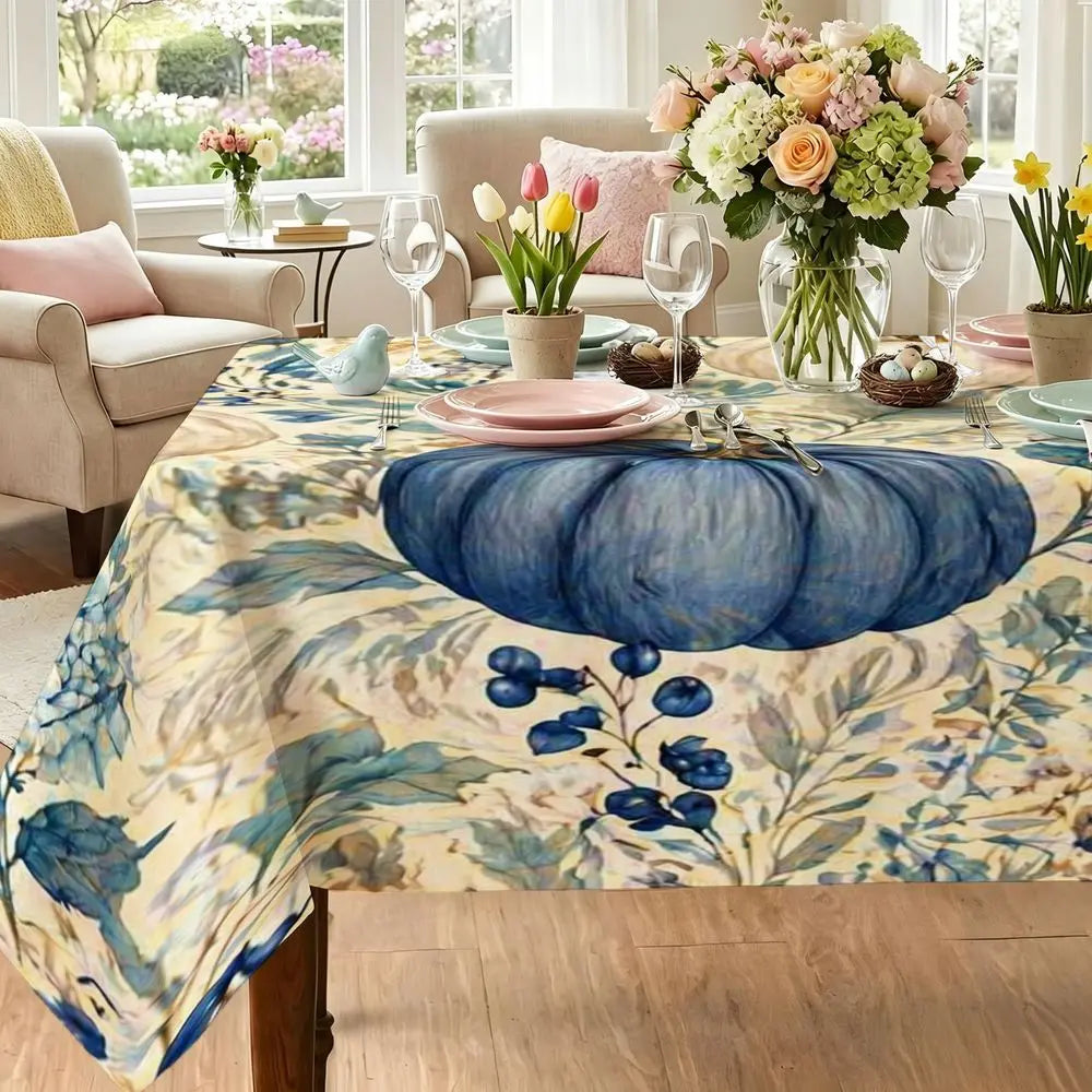 Stylized Blue Pumpkin Tablecloth - Cream Background with Leafy Foliage Print, Rectangular Polyester Dining Decor for Autumn Harvest, Indoor Kitchen And Party Use