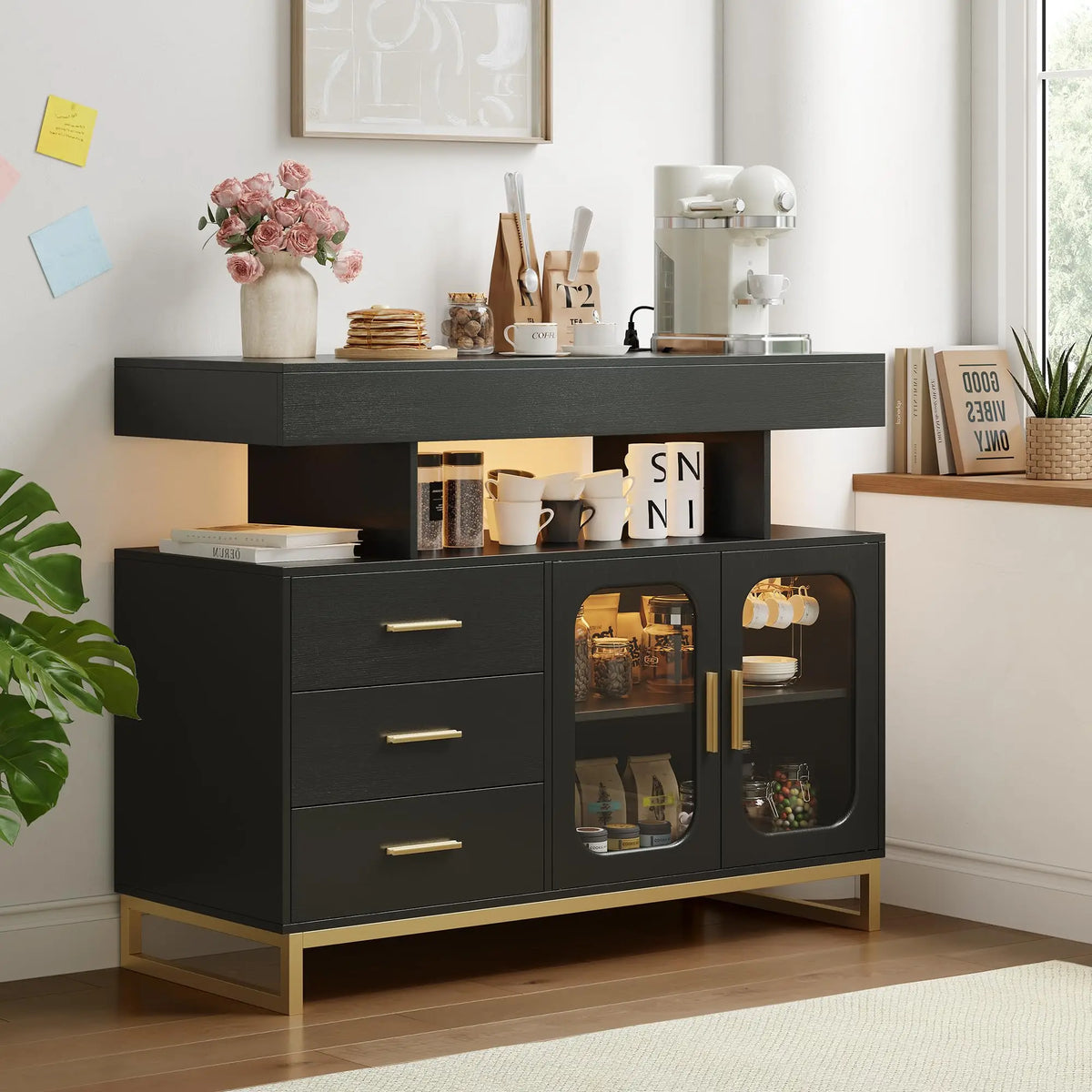 HiMISS LED Sideboard Buffet Cabinet With Charging Station