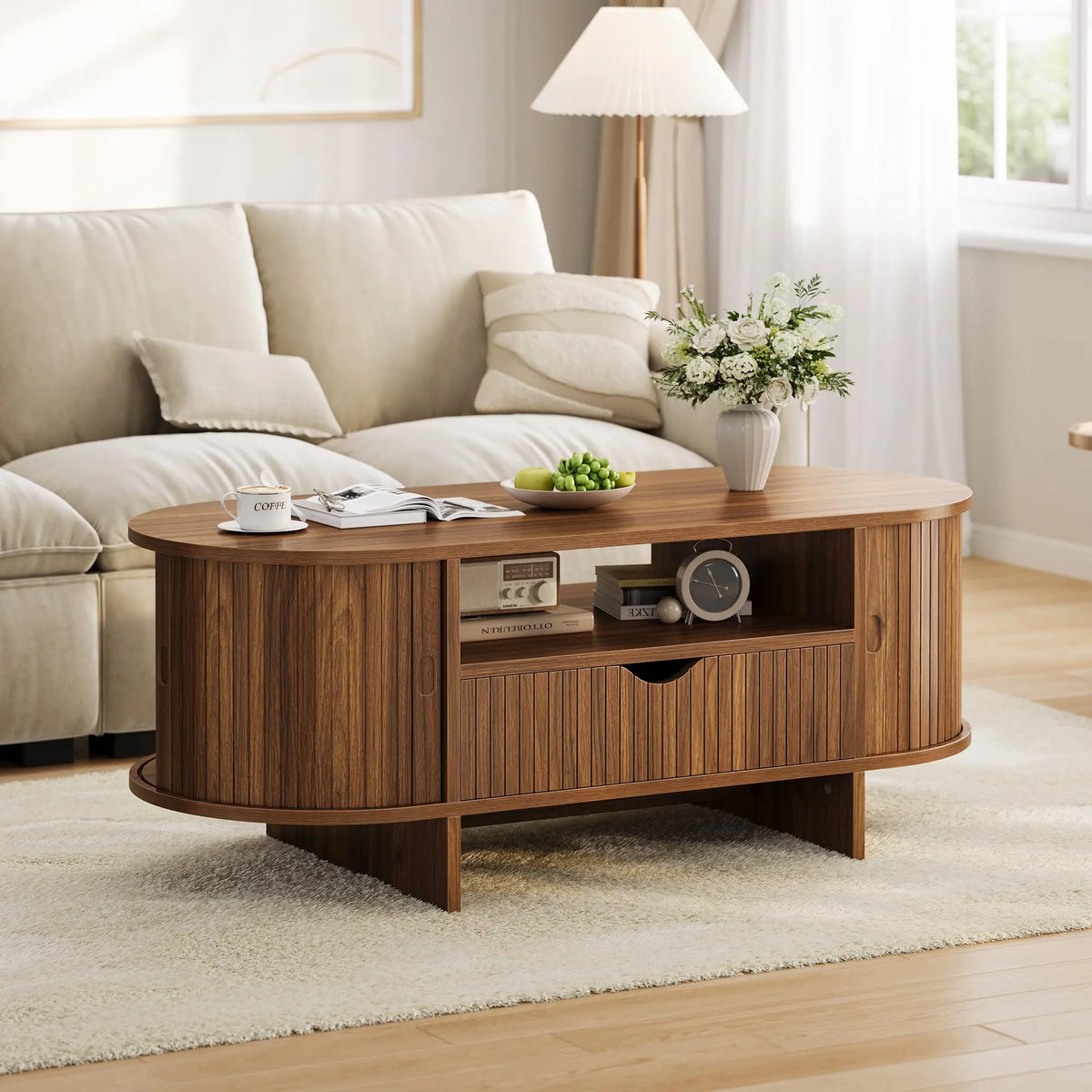 HiMISS Modern Fluted Oval Coffee Table With Storage Cabinet