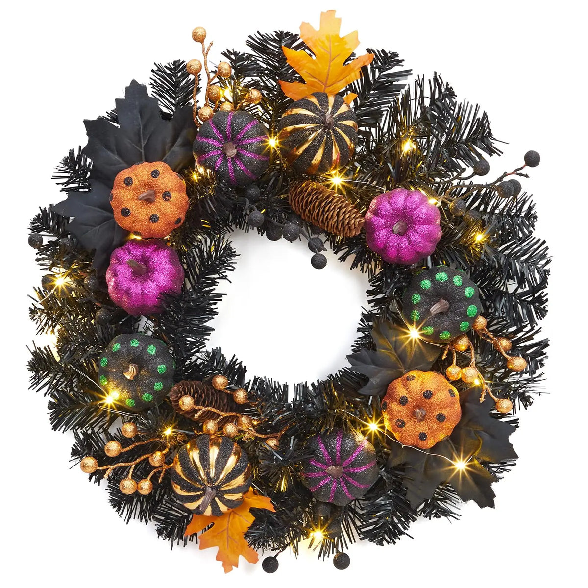 20" Halloween Pumpkin Wreath with 20 LED Lights, Ball Ornaments & Berries – Prelit Wreath for Front Door, Indoor Outdoor Window Hanging Decor