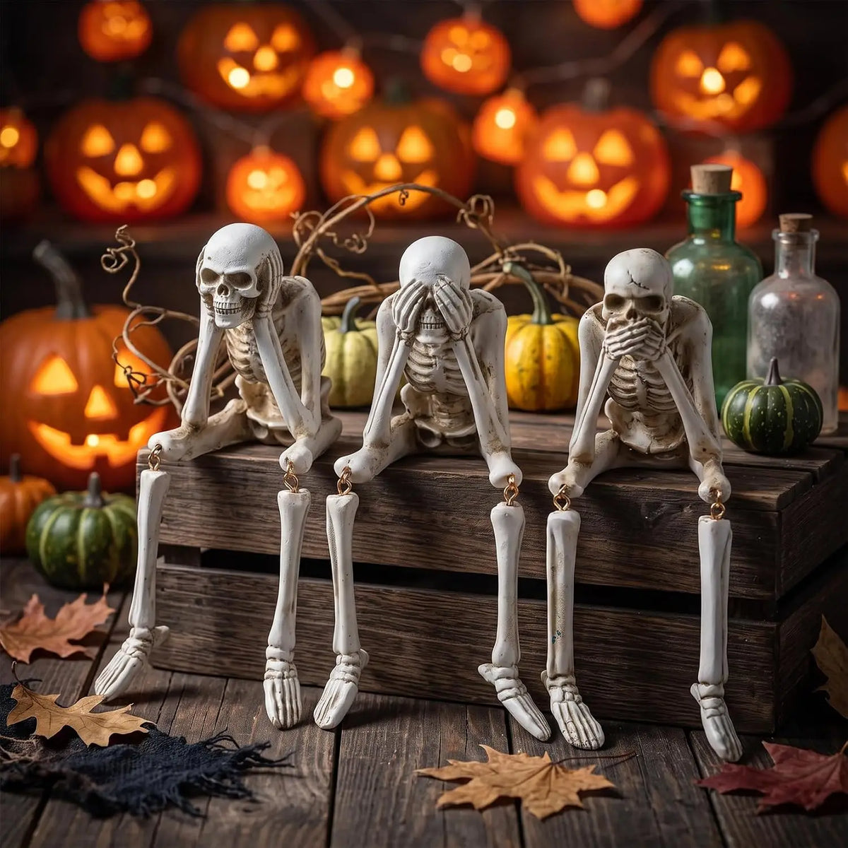 3PCS Halloween Skeleton Figurines Set Full Body Skeleton H  Movable Joint Plastic Hanging Skull Ornament for Haunted House Party Supplies