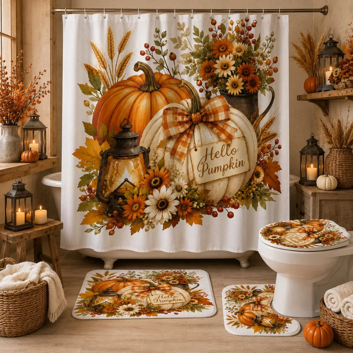 [Thanksgiving] 2D Flat, 2D Flat 4pcs Autumn Harvest Thanksgiving Pumpkin Shower Curtain Set for Bathroom Decoration (2 X 1 X Toilet Lid Cover 1 X Shower Curtain)