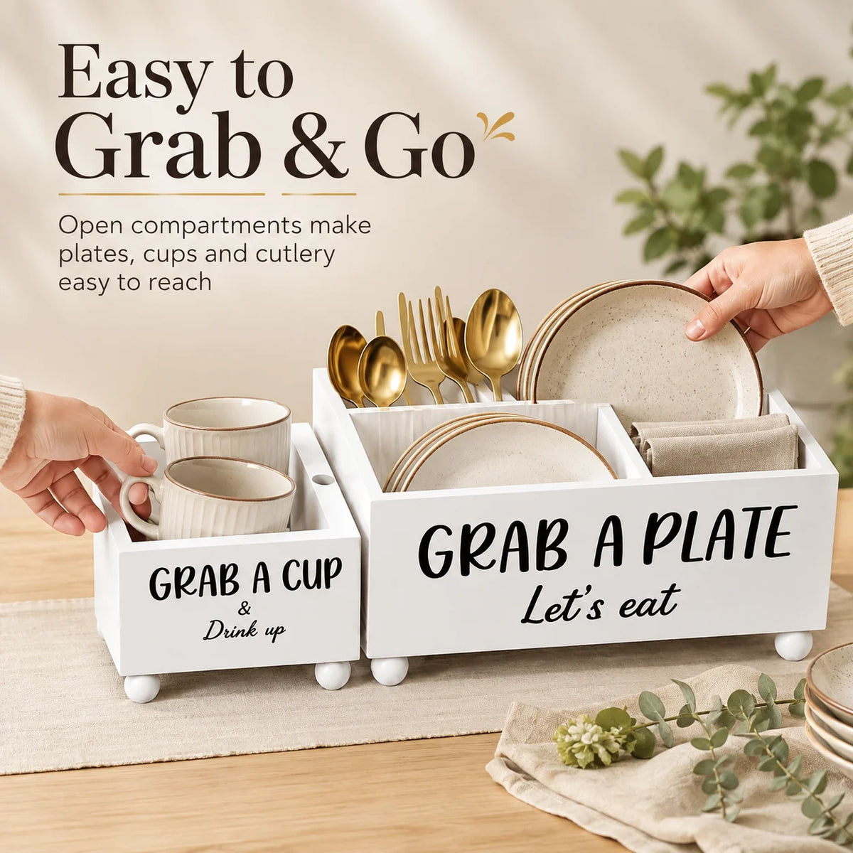 Paper Plate Holder, Utensil Caddy Organizer, Wood Paper Plate Dispenser, Silverware Caddy Holder, and Disposable Coffee Bar Accessories Box for Kitchen Counter, Party, Camping, Picnic