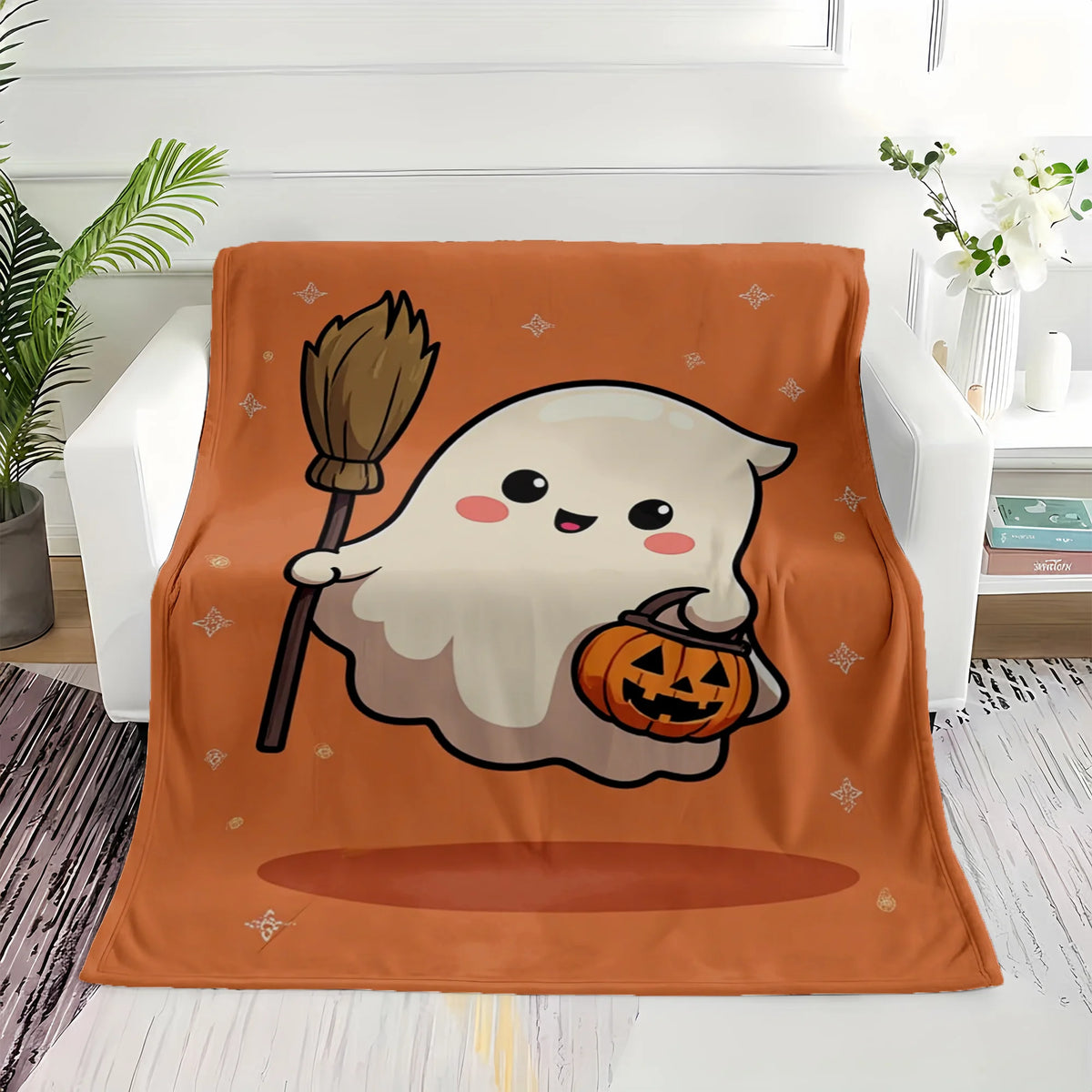 Cute & Jack-o'-Lantern Flannel Throw Blanket - Soft Warm Suitable for - Bedspread with Orange Starry Background, Machine Washable Cozy Bedding Accent for, Room, Couch - for Autumn Nights and Gifts