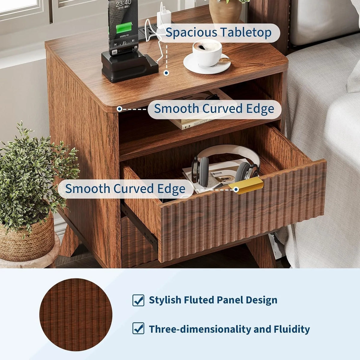Walnut Nightstand with Drawer and Open Shelf USB Charging Station Bedside Table with AC Outlets Fluted Wood Side Table Storage Cabinet for Bedroom Living Room Sofa