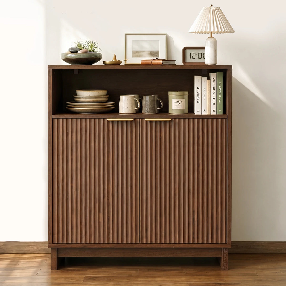 TinyNest 31.5 inch Buffet Cabinets with Storage, Fluted Wood Kitchen Sideboard, Mid Century Modern Coffee Bar Cabinet Pantry with Door & Adjustable Shelves, Console Table for Entryway, Living Room, Dining Room, Hallway, Bathr