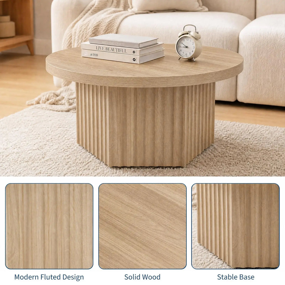 HiMISS Round Fluted Drum Coffee Table Modern Wood Pedestal
