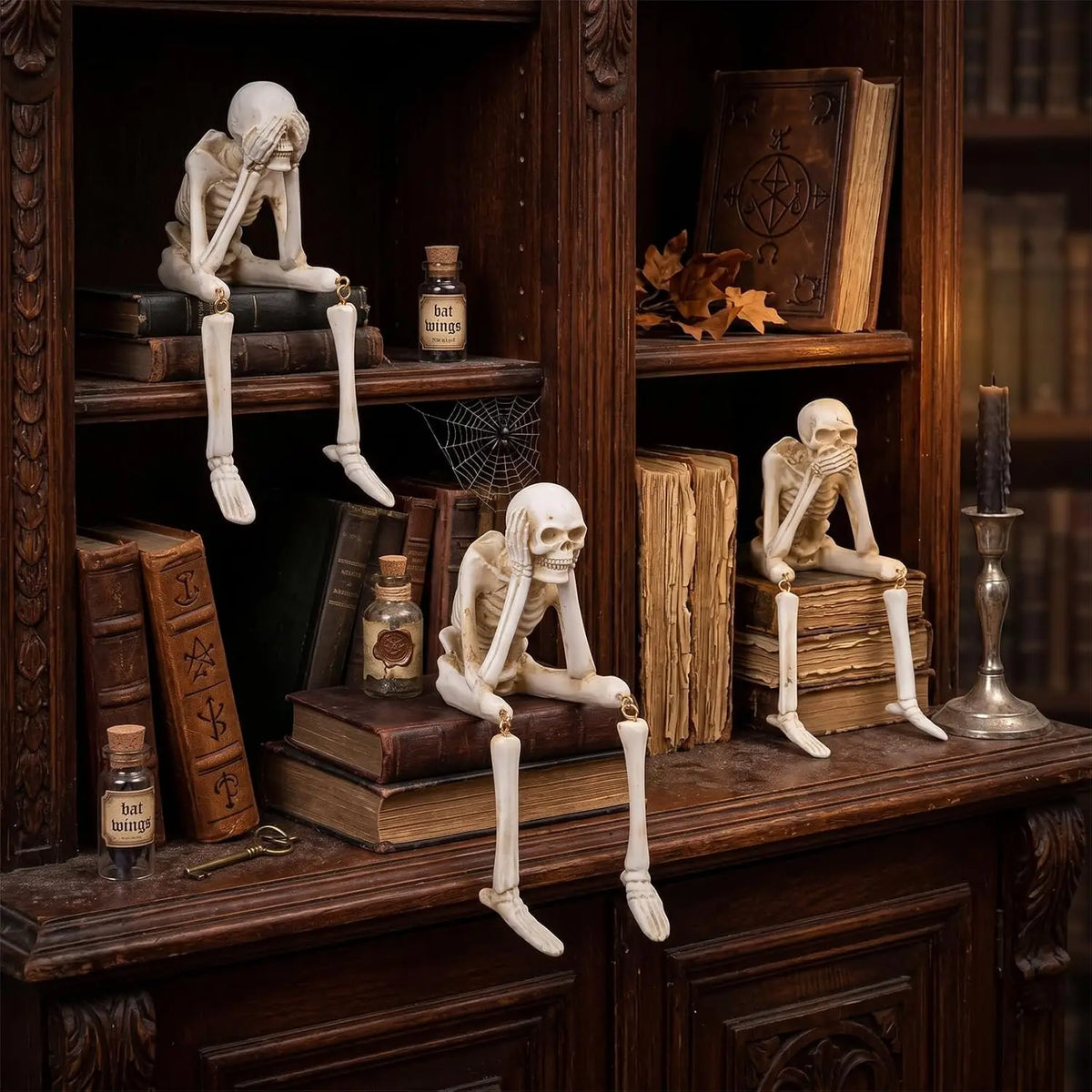 3PCS Halloween Skeleton Figurines Set Full Body Skeleton H  Movable Joint Plastic Hanging Skull Ornament for Haunted House Party Supplies