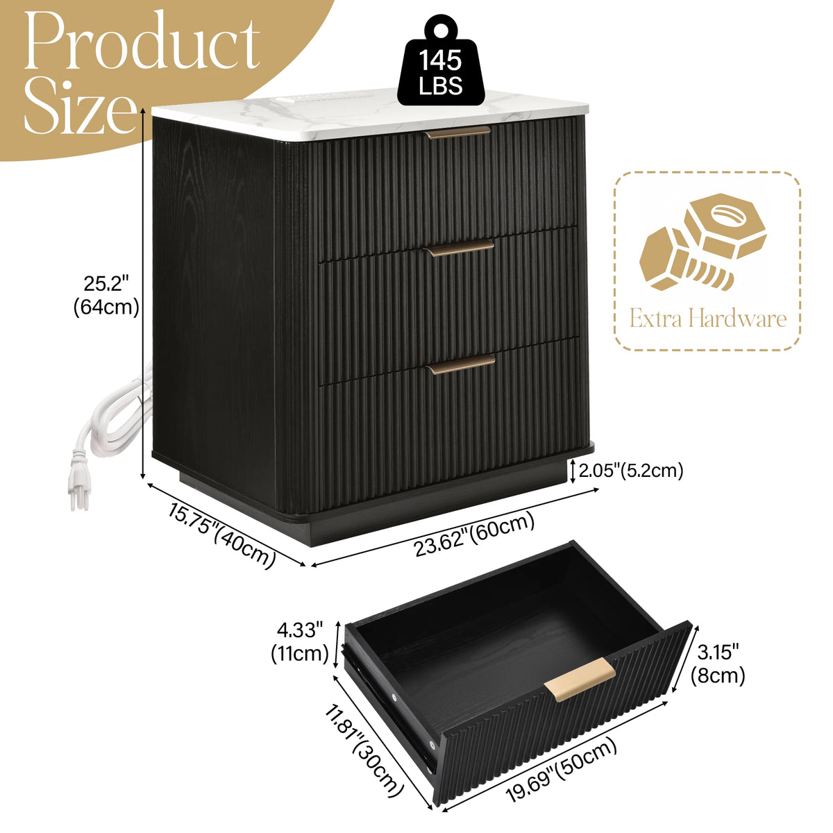 Modern Fluted Three Drawer Dresser Wood Storage Chest Organizer