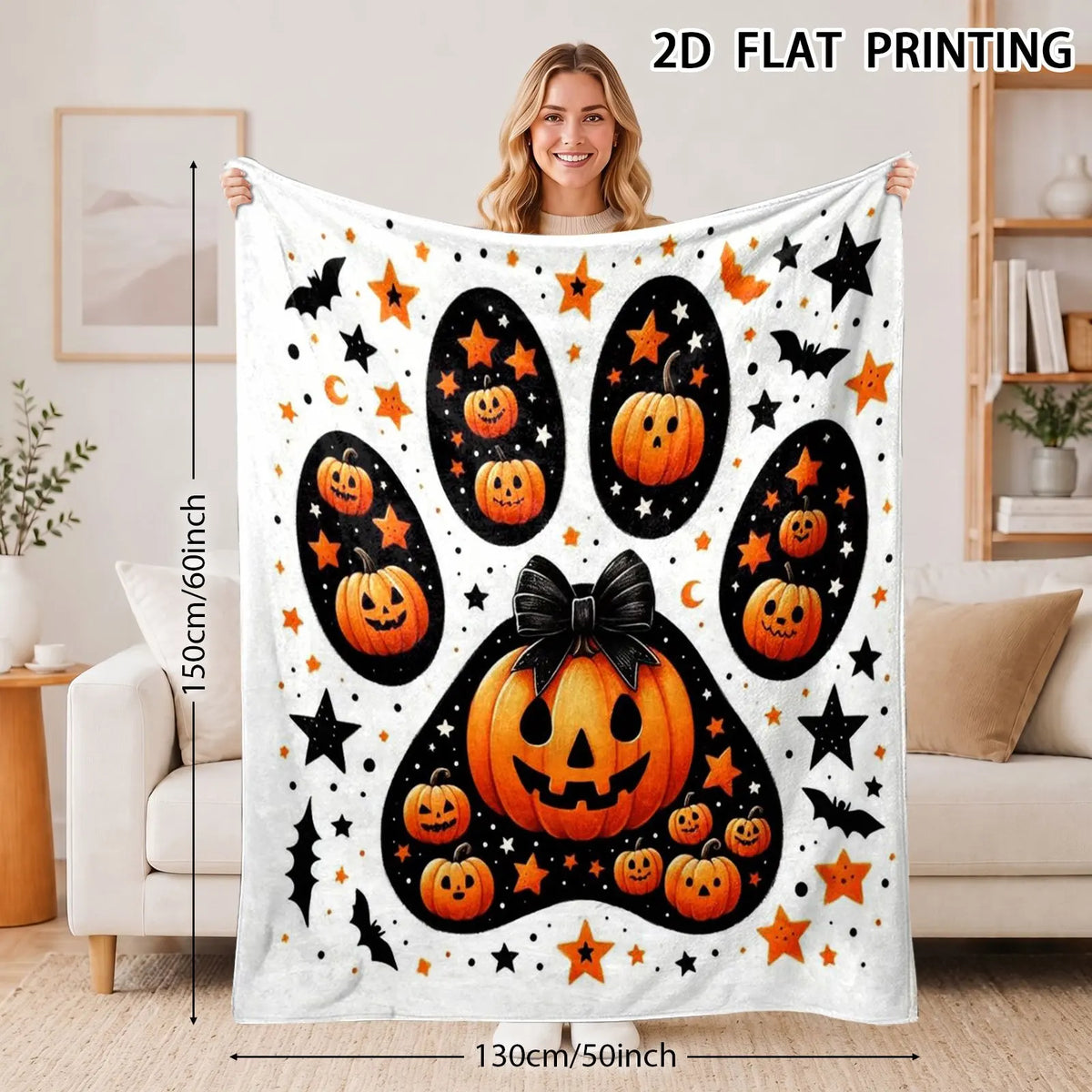 1pc, Halloween Paw Pumpkin Flannel Blanket, Cartoon Bowknot Design Printed Pattern, Camping Blanket, Nap Blanket, Outdoor Camping, Soft, Suitable for Sofas, Offices, All-Season Use, Birthday Gift