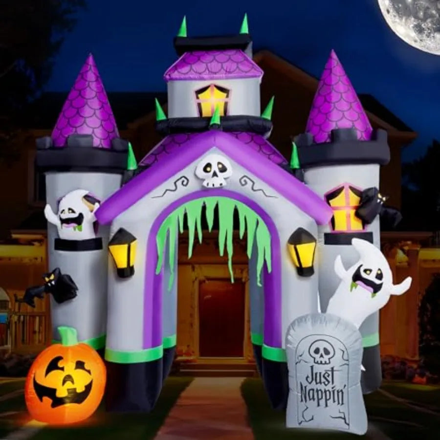 Halloween outdoor inflatables: 12 FT haunted house castle archway, PVC material, black and purple, weather-resistant with built