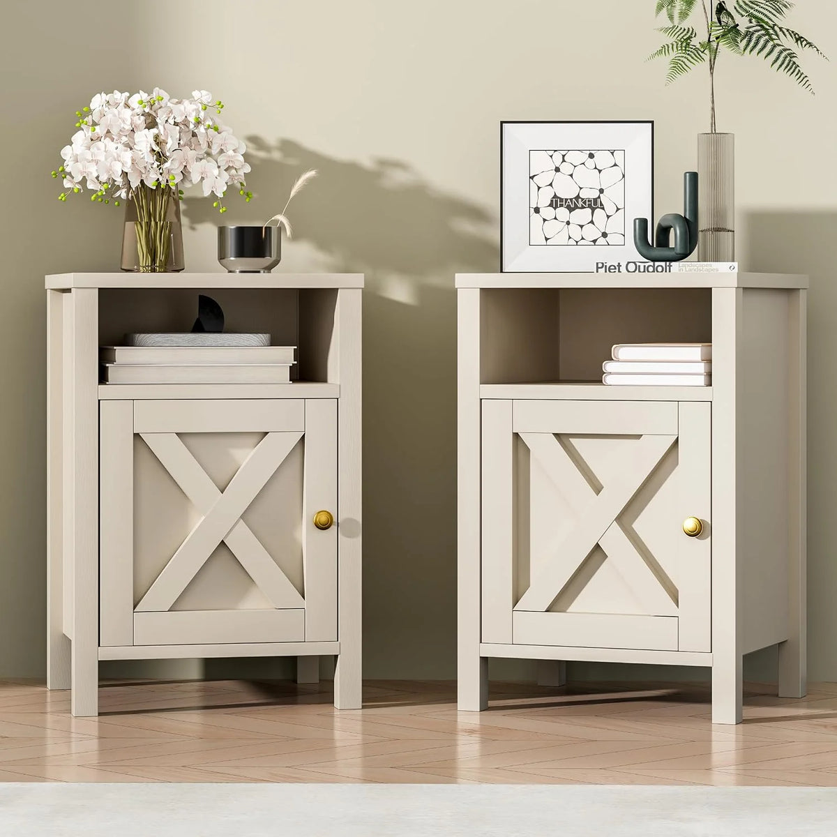 24.8"Farmhouse Nightstand Set 2, Wood Bedside Table with Barn Door Storage for Bedroom Living Room, White/Beige