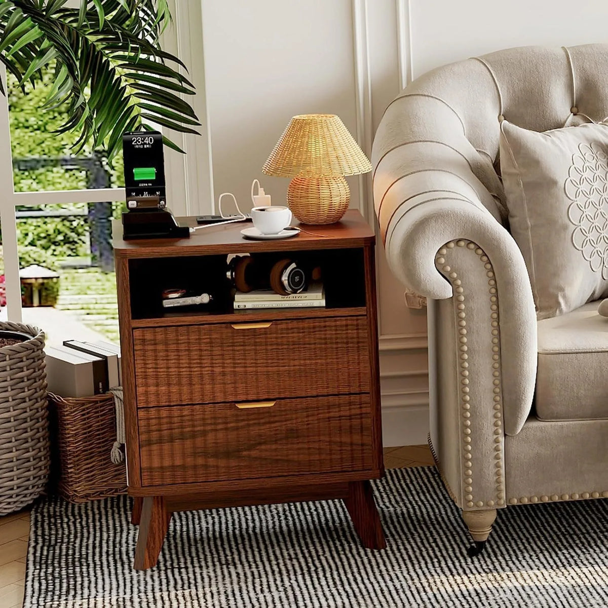 Walnut Nightstand with Drawer and Open Shelf USB Charging Station Bedside Table with AC Outlets Fluted Wood Side Table Storage Cabinet for Bedroom Living Room Sofa