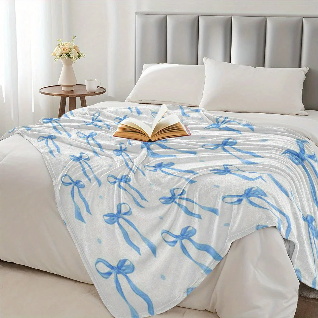 1pc Flannel Blanket, Blue Bow Pattern - Exquisite Design, Suitable for All Seasons for Naps, Office, Sofa, Car - Excellent Gift Choice, Durable Edges, Fun Shape, Small Throw Blanket