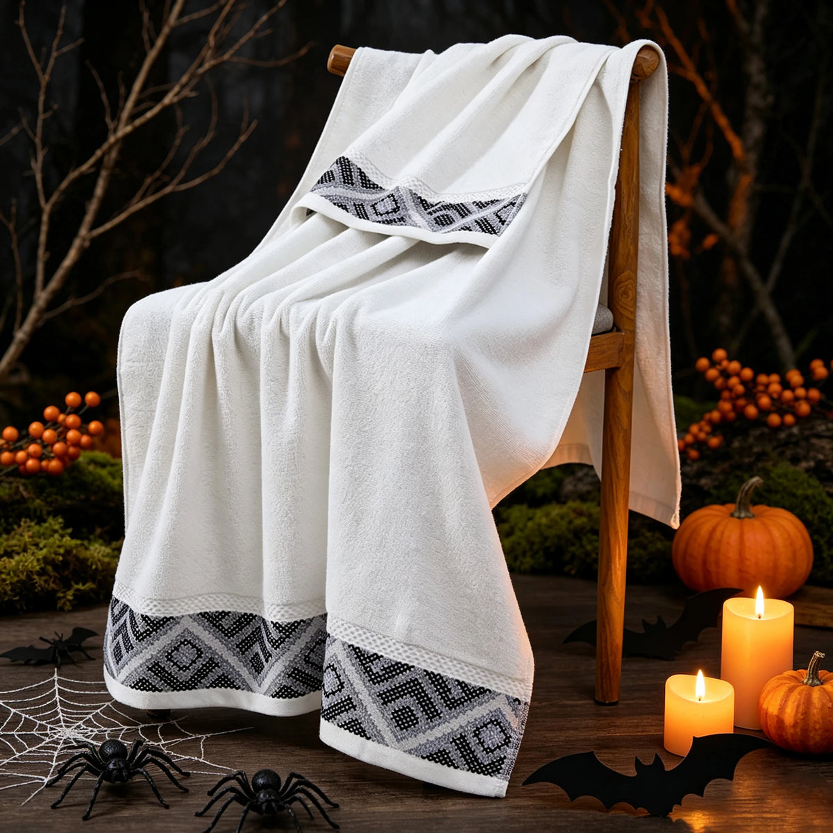 Halloween Themed Geometric Jacquard Towel Set, 100% Cotton Soft Highly Absorbent Bathroom Towels, Bath Towel & Hand Towel 3 Pack