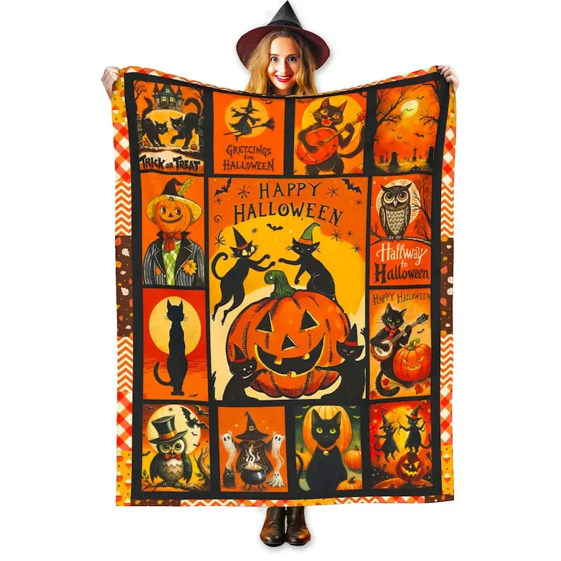 Vintage Halloween Flannel Blanket, Ghost Pumpkin Trick or Treat Woven Throw