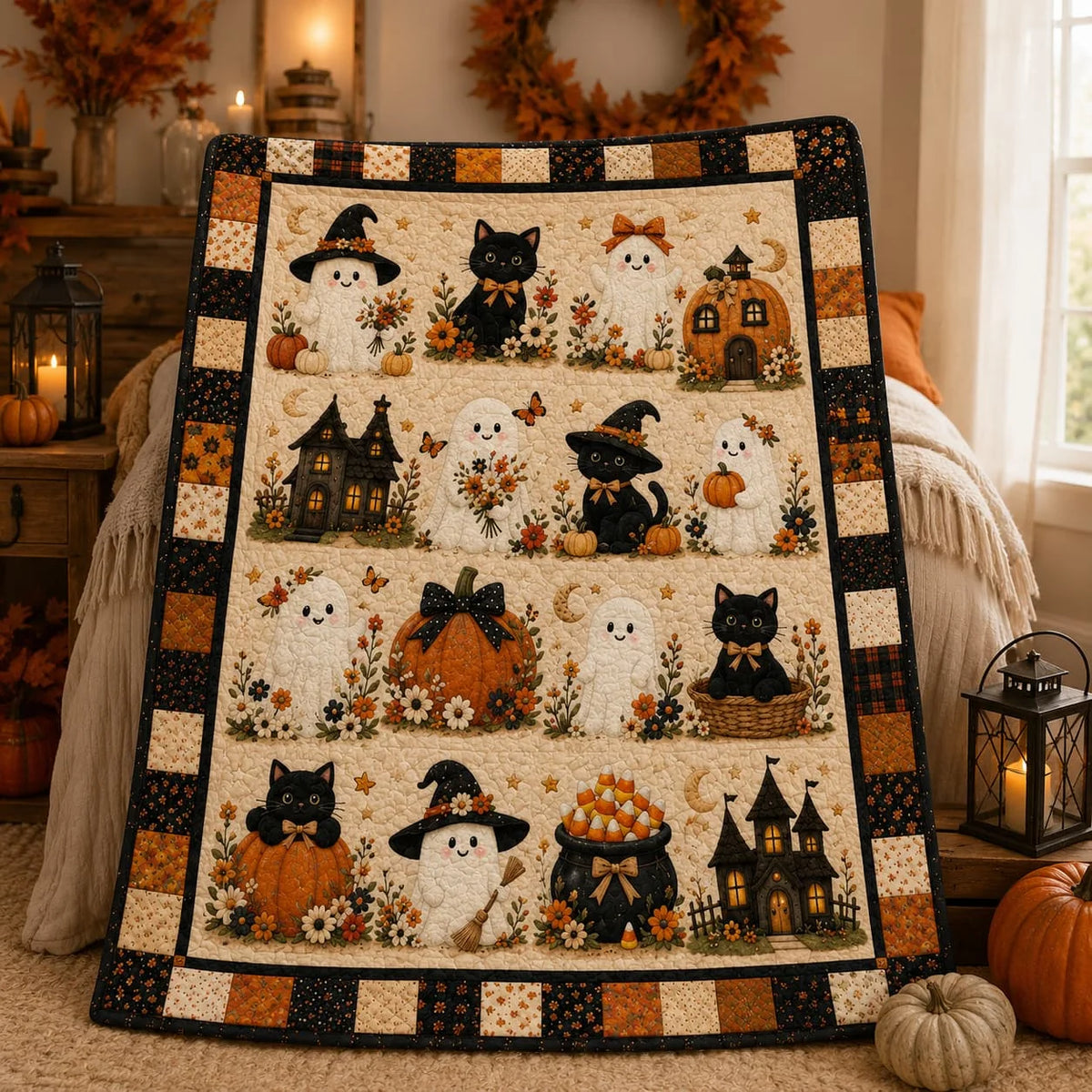 Halloween Quilt Blanket with Cute Black Cats, Pumpkins, Ghost, Witch Hat, Moon and Candles, Cozy Autumn Throw for Bed Sofa Room Decor