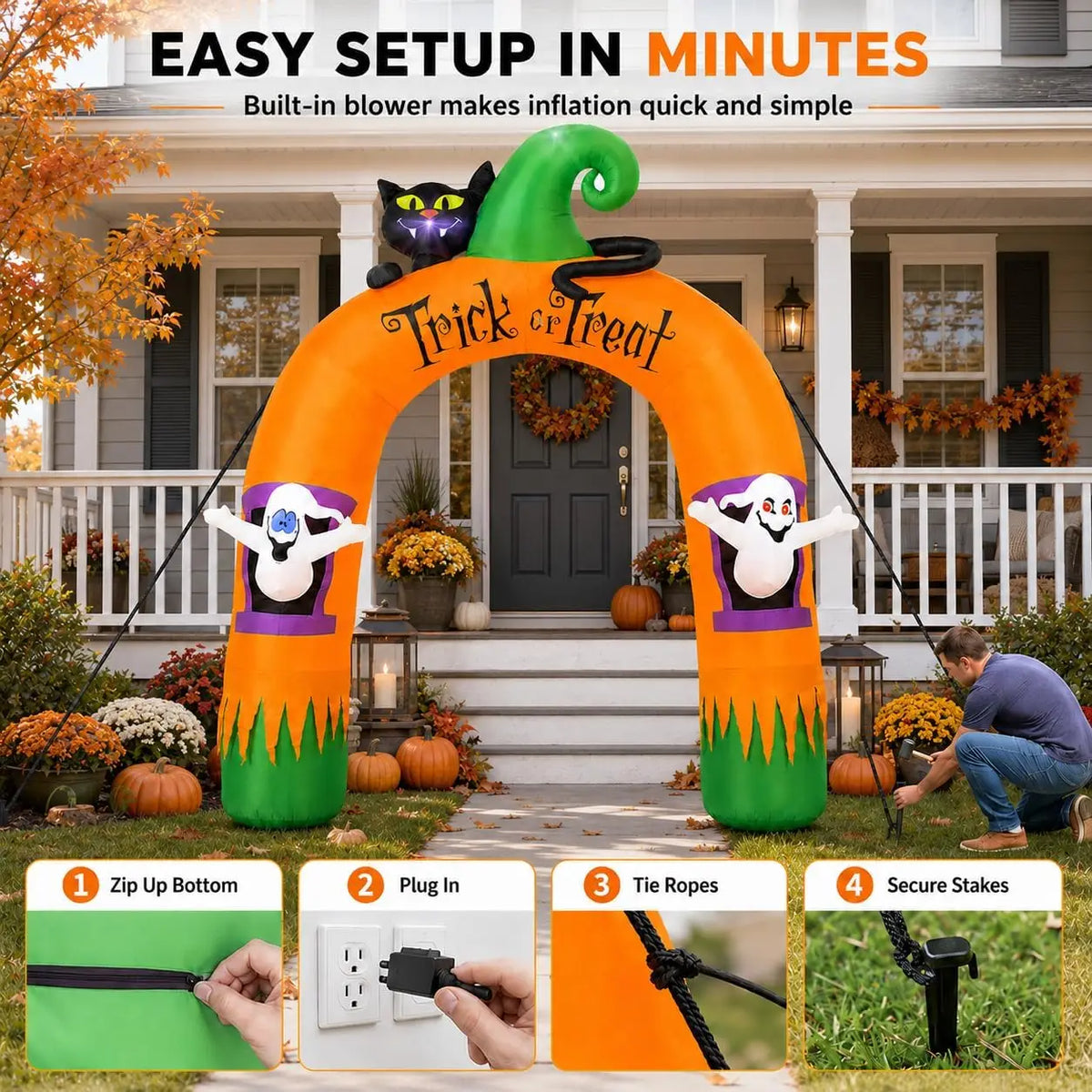 Halloween Inflatable Archway 10Ft with 7 LED Lights, Black Cat & Ghosts Design, Self-Inflating, Weather-Resistant, Foldable Outdoor Yard Decor, Bright Nighttime Glow, Easy Setup, Ideal Lighted Trick-or-Treat Entrance