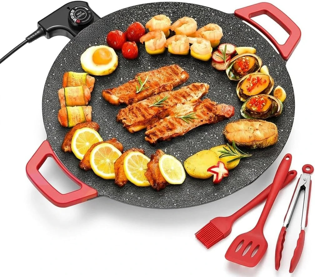 Compact Smokeless Electric Indoor Griddle Grill Non Stick Fast Heating Tabletop BBQ Cooker For Home Steak Pancake Includes Silicone Spatula Oil Brush And Food Tongs