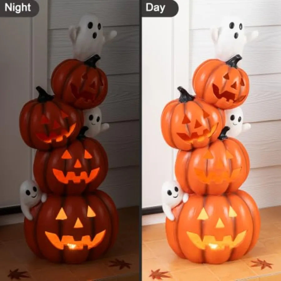 Halloween porch decor: lighted stacked jack-o-lantern statue, MGO material, orange and white, timer function for indoor/outdoor