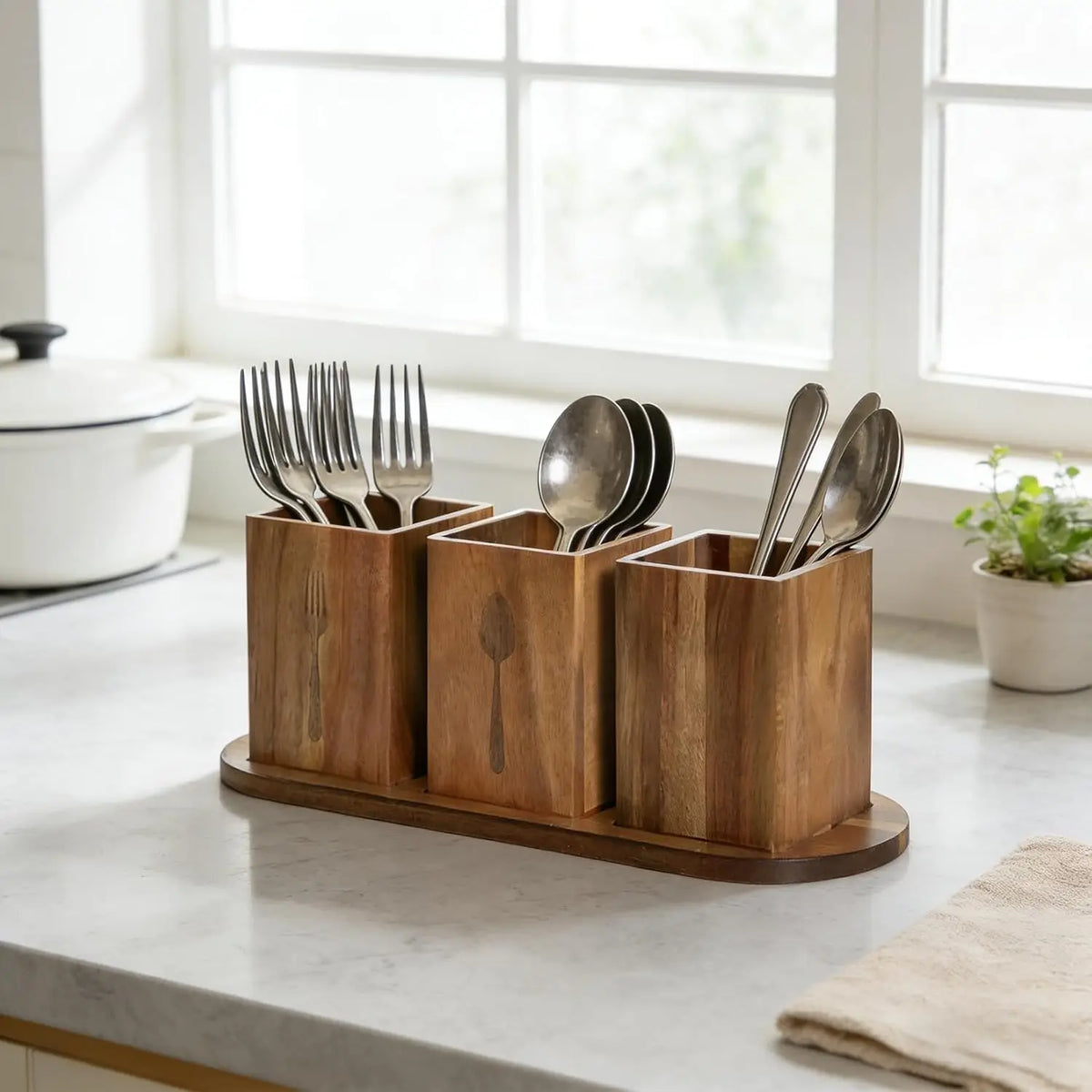 Garvee Acacia Wood Kitchen Utensil Holder Spoon Fork Tableware Storage Rack Cutlery Storage Caddy Organizer Silverware Holder for Spoons Forks Knives, Holds Plates Napkins,