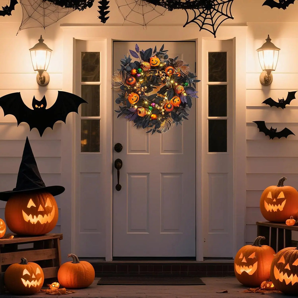 20" Halloween Pumpkin Wreath with 20 LED Lights, Ball Ornaments & Berries – Prelit Wreath for Front Door, Indoor Outdoor Window Hanging Decor