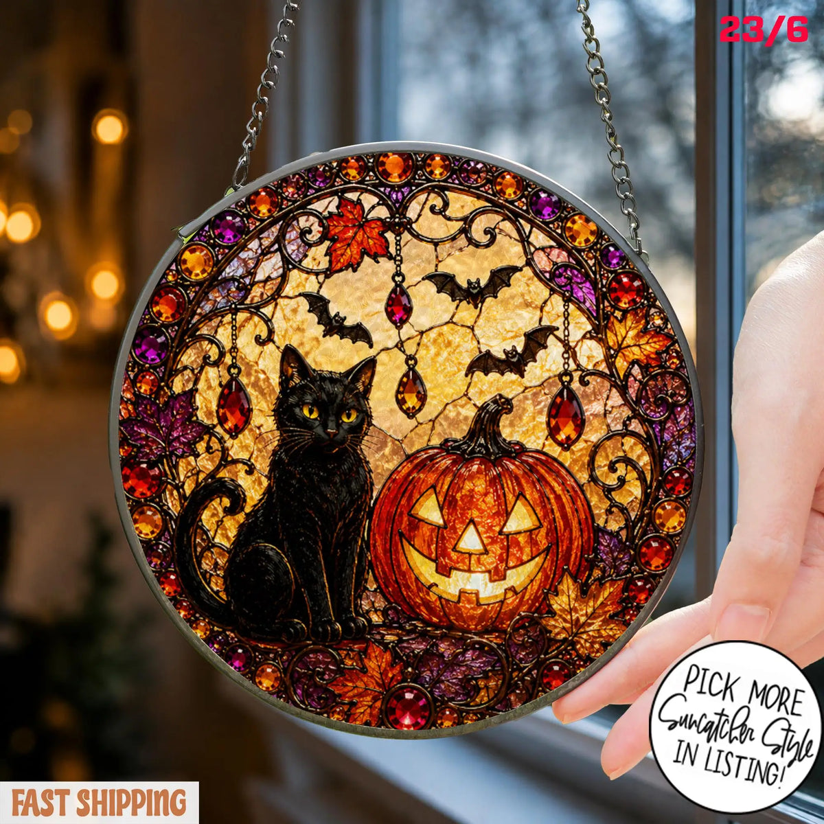 Black Cat Pumpkin Moon Stained Glass Suncatcher, Gothic Crescent Moon Decor, Spooky Cat Lover Home Decor, Halloween Gift