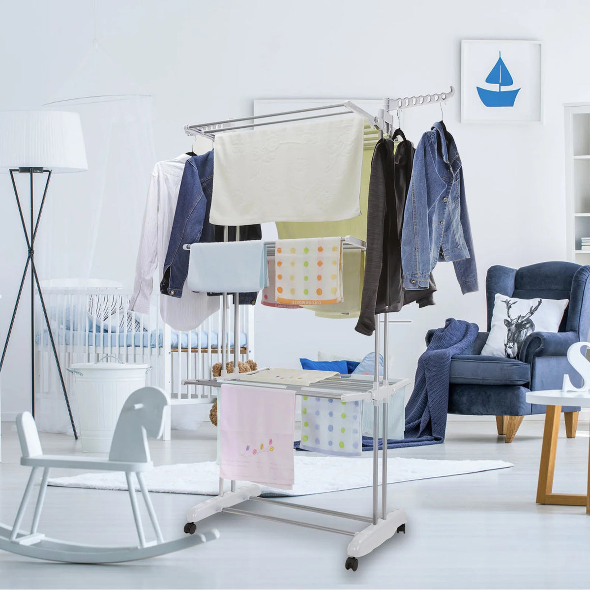 4-Tier Clothes Drying Rack Foldable Wings Dryer Clothes Space Saving Hanger Adjustable Large Garment Laundry Racks 2 Wing Hooks