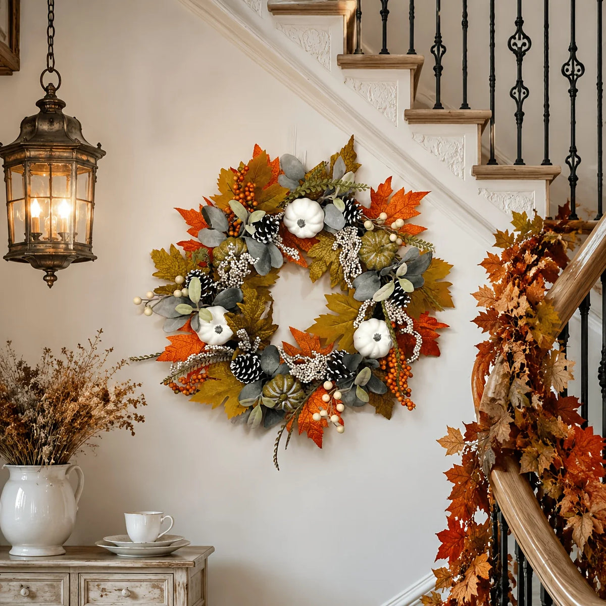 1pc Fall Artificial Pumpkin Wreath with Maple Leaves, Berries, Pinecones And Eucalyptus, Thanksgiving Halloween Home Door And Wall Decor