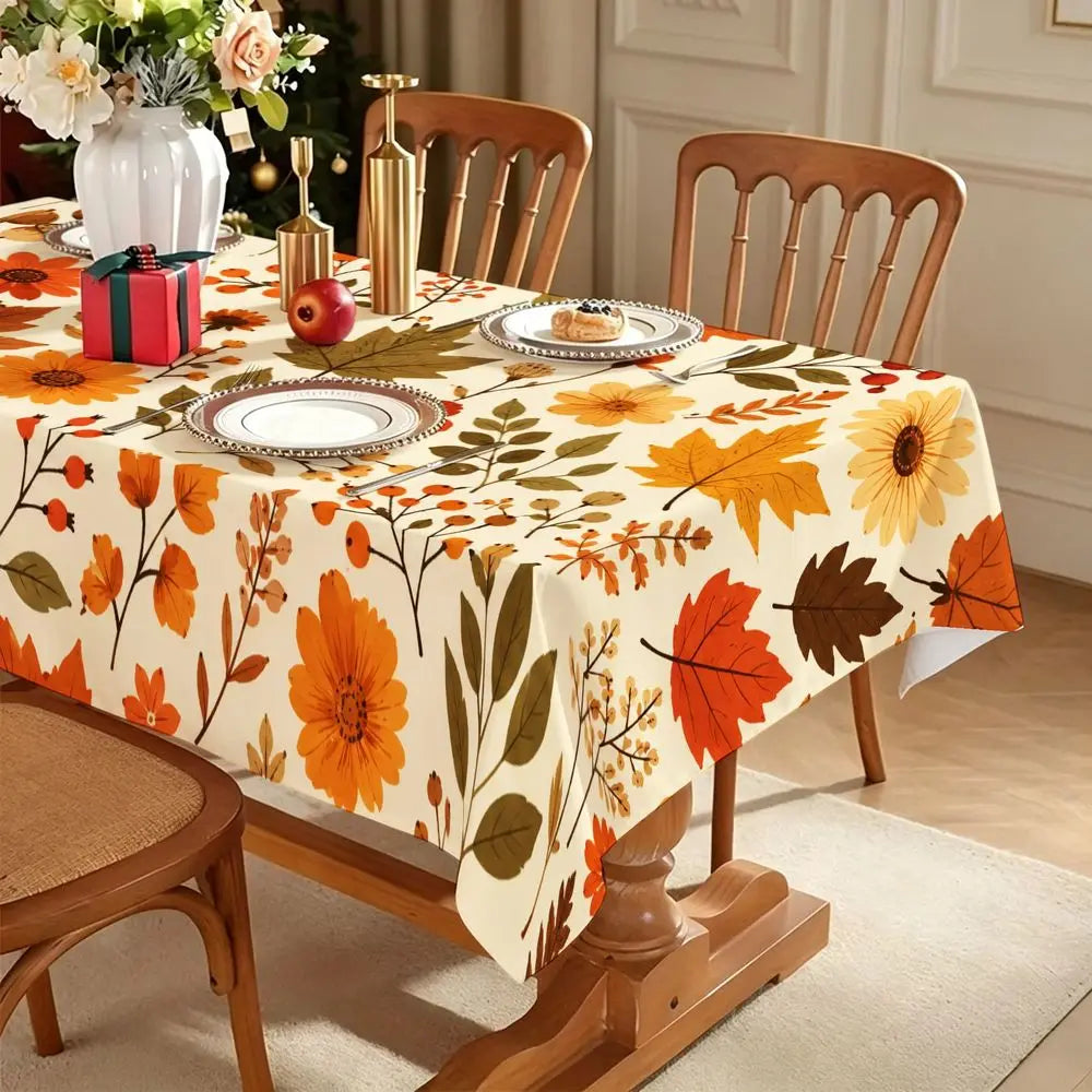 Autumn Harvest Theme Rectangular Tablecloth, Cream Base with Fall Leaves And Berry Print, Durable Fabric for Thanksgiving Dining, Farmhouse Style Table Decor