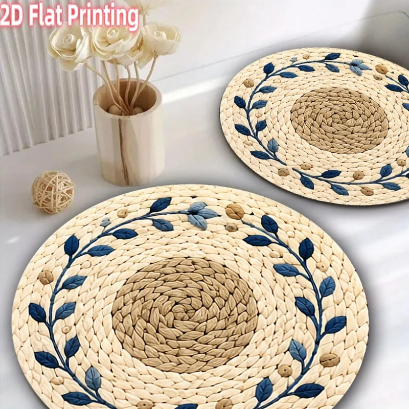 Set of 4 Beige & Blue Round Wooden Placemats - Suitable for Textured Dining Tables, Table Decor, Ideal for Parties, Easter Dinners and Table Settings, 2D Flat Print