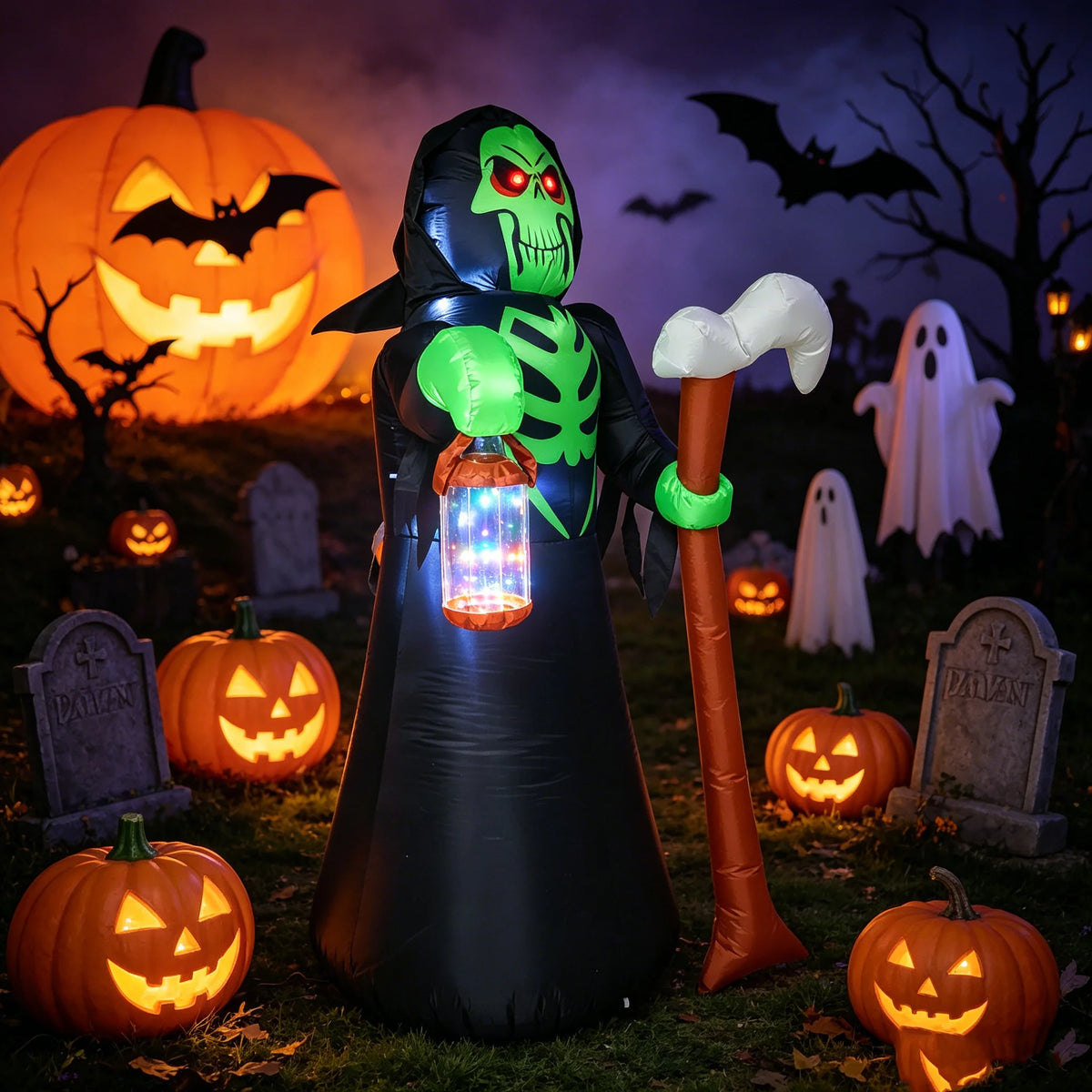 Halloween Inflatable Grim Reaper with LED Lights, Scythe & Lantern, Outdoor Yard Decoration, Pumpkin Ghost Tombstone Party Decor, Holiday Blow Up Ornament