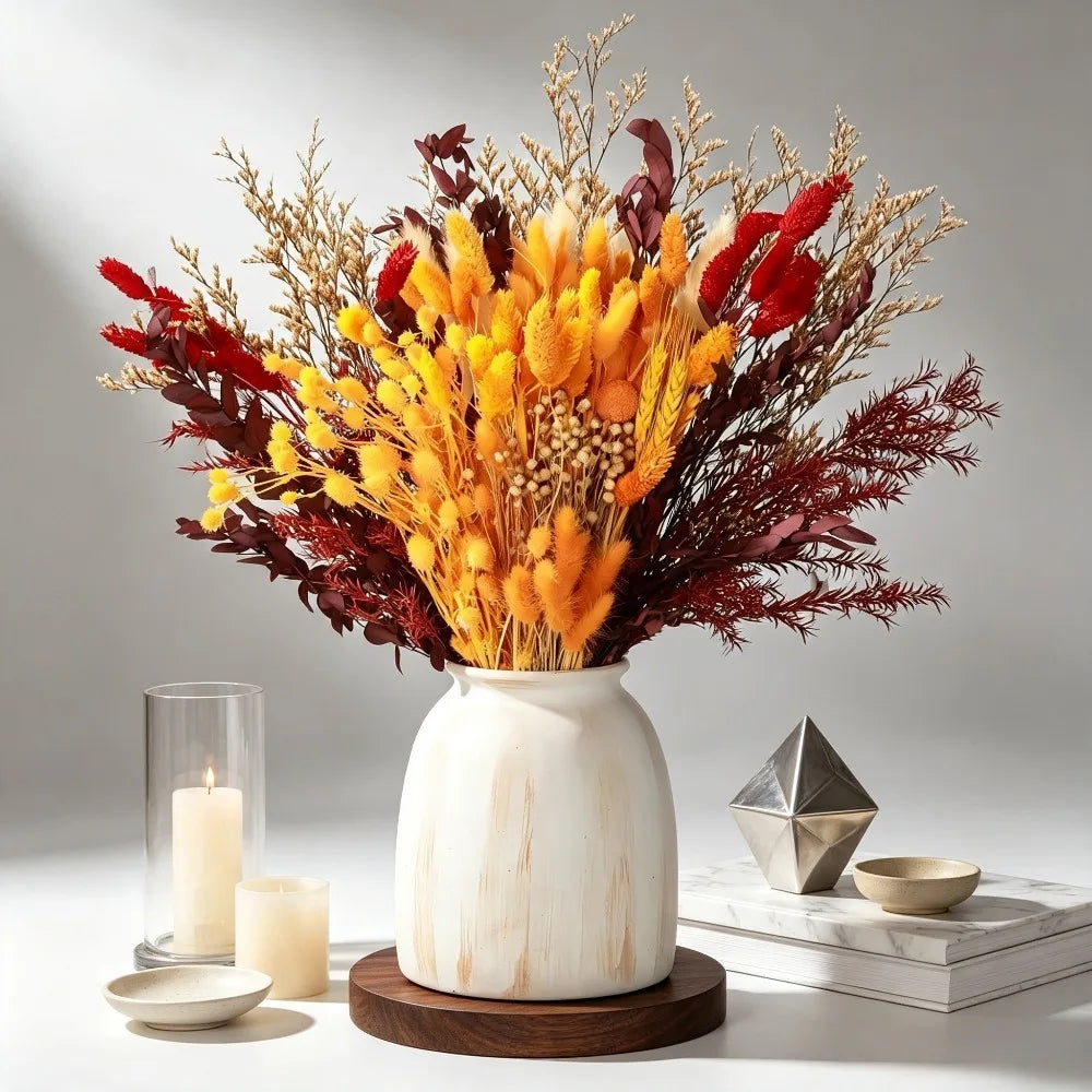 Autumn Boho Dried Flower Bouquet, Bunny Tails Grass, Setaria, Limonium, Preserved Leaves, Natural Dried Floral Vase Filler, Home Table Thanksgiving Wedding Decor, Christmas Valentine's Day Party Decoration, Holiday Gift for M