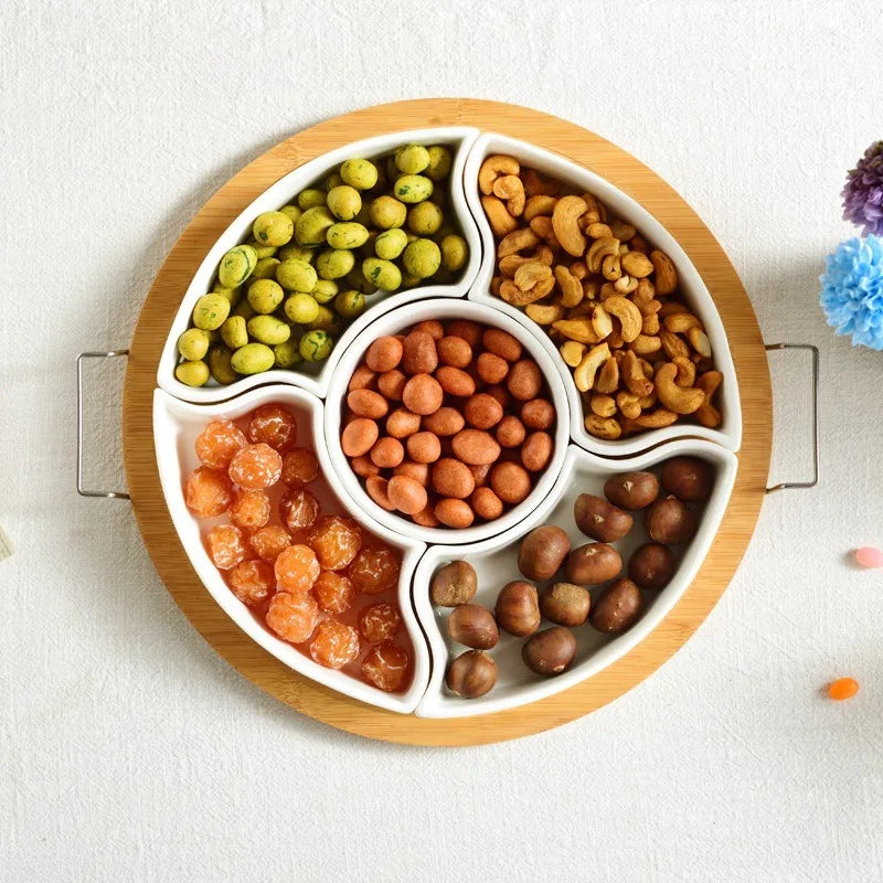 1Pc Creative Multi‑Compartment Ceramic Fruit Plate Snack Tray for Living Room Dried Fruit Nuts New Year Use