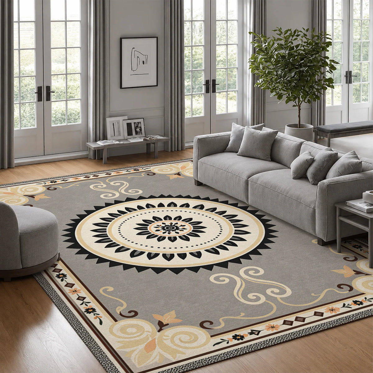 Decorative Mandala Floral Pattern Area Rug, Velvet Machine Washable, Suitable for Living Room Bedroom Dining Room Entryway, Ideal for Halloween Thanksgiving Christmas New Year Black Friday Cyber Monday Home Decoration