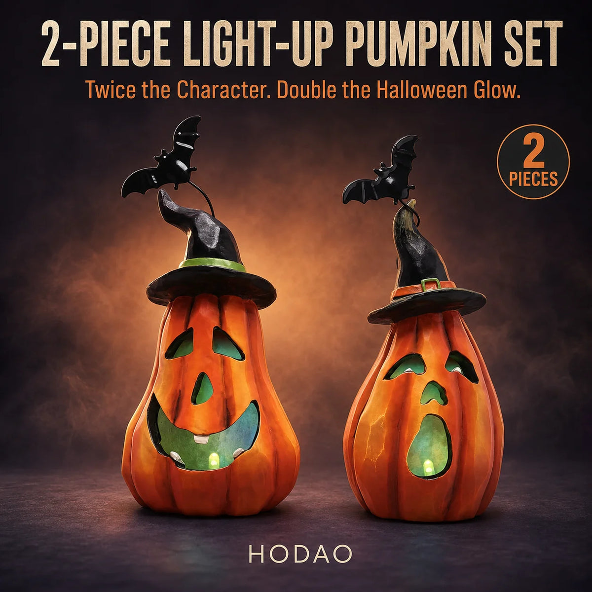 Hodao Resin Halloween Pumpkin Figurine Set, 2-Piece LED Light Up Jack-o'-Lantern Decor with Witch Hat & Black Bat Accents, Spooky Glowing Tabletop Figure Model for Shelf Mantel Display, Collectible Fall Seasonal Home Decorati