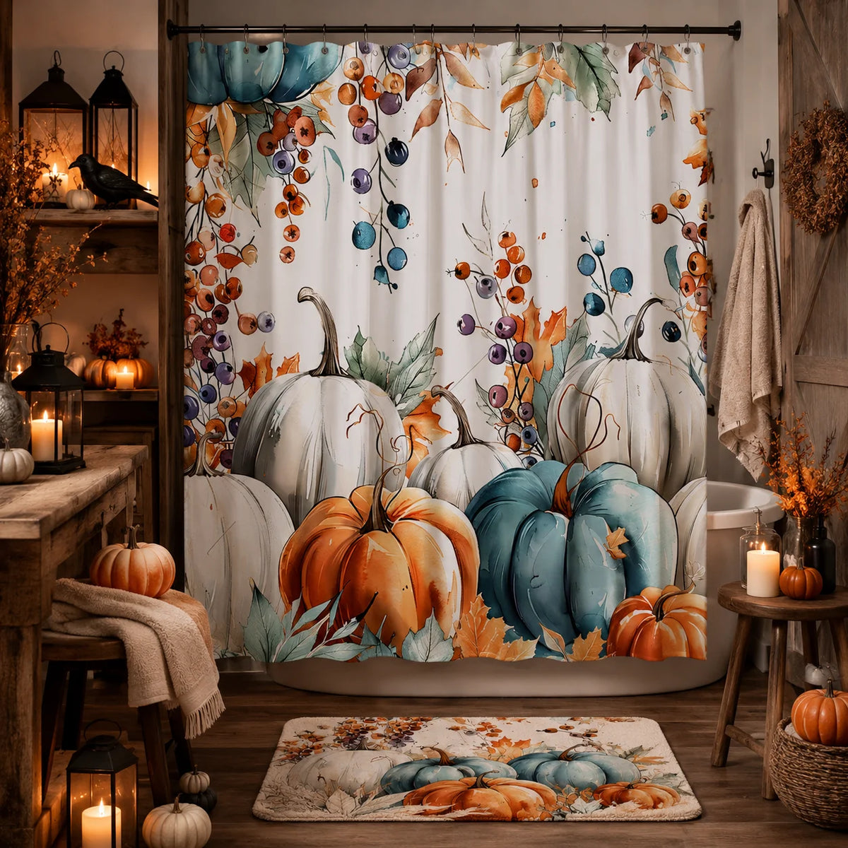 One Halloween Shower Curtain Featuring Vibrant Pumpkins And Autumn Foliage, Designed for a Rustic Farmhouse Look. It Measures 71X71 Inches And Is Made of Polyester Fabric