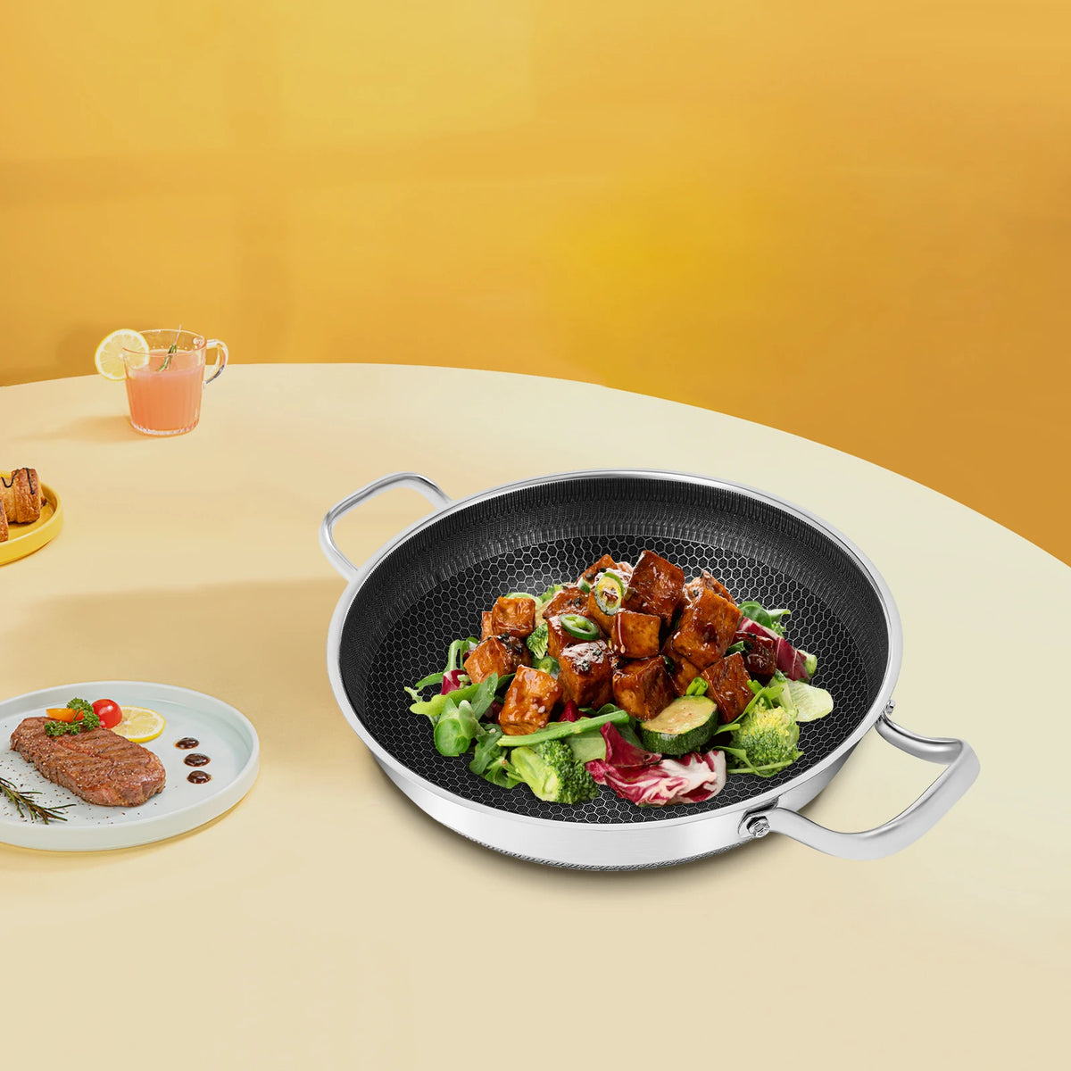 Stainless Steel Pan with Cooking Lid Non Stick Frying Pan with Lid-carrying Handle Spiral Pattern for All Hobs Including Induction, Gas, Electric, Halogen, Glass, and Ceramic