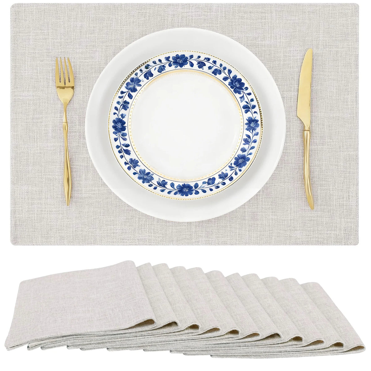 12 Pcs Beige Linen Placemats Set, 17.7" × 11.8" Heat Resistant Non-Slip Washable Table Mats, Natural Fabric Placemats for Dining Table, Kitchen, Wedding and Party